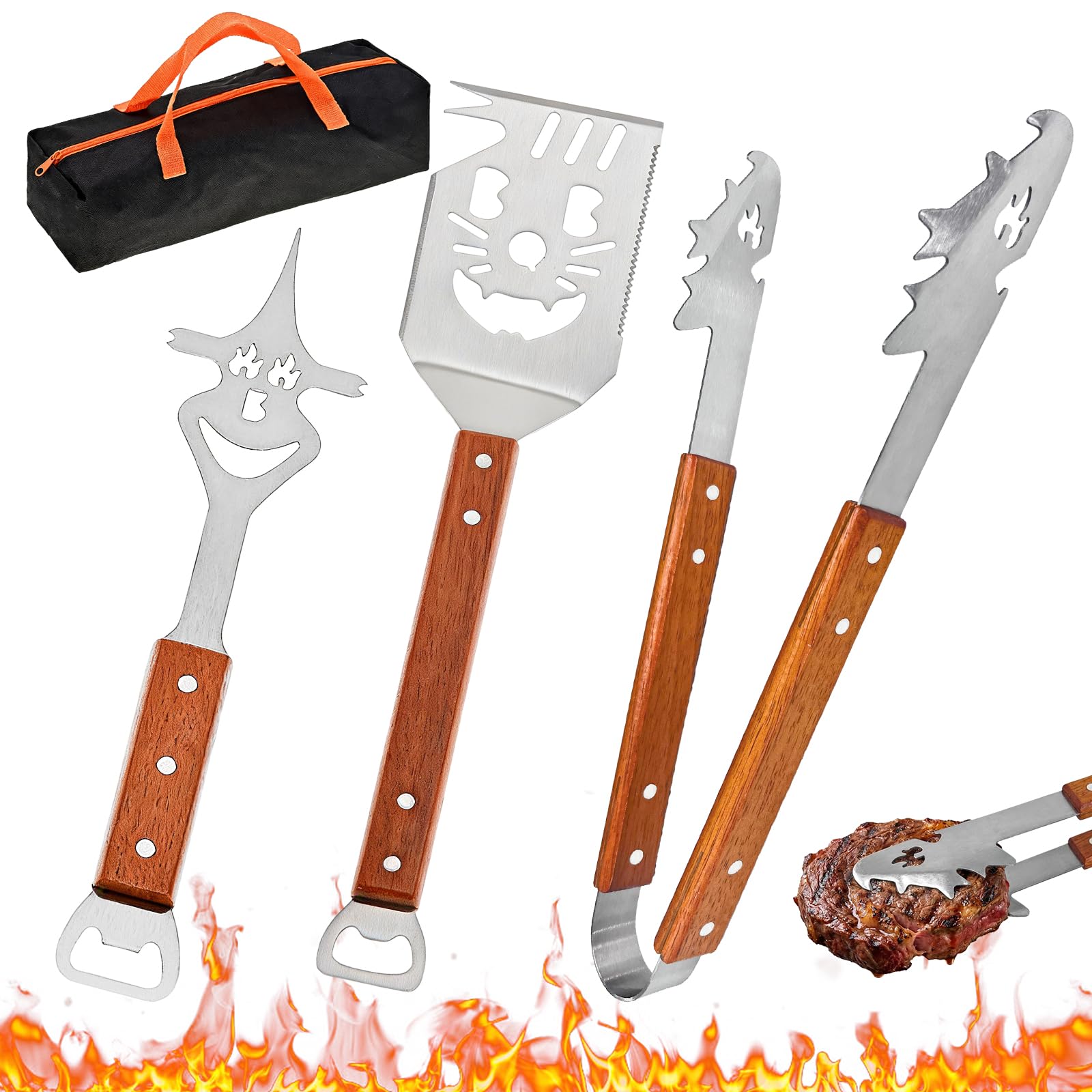 Grillbesteck Set 3-TLG, 8 in 1 BBQ Grillspachtel mit Holzgriff, EdelstahI, 42 * 9.5cm Einzigartige Grillwerkzeuge, Multifunktionales Grill Zubehör, Professional Grill Geschenke für männer