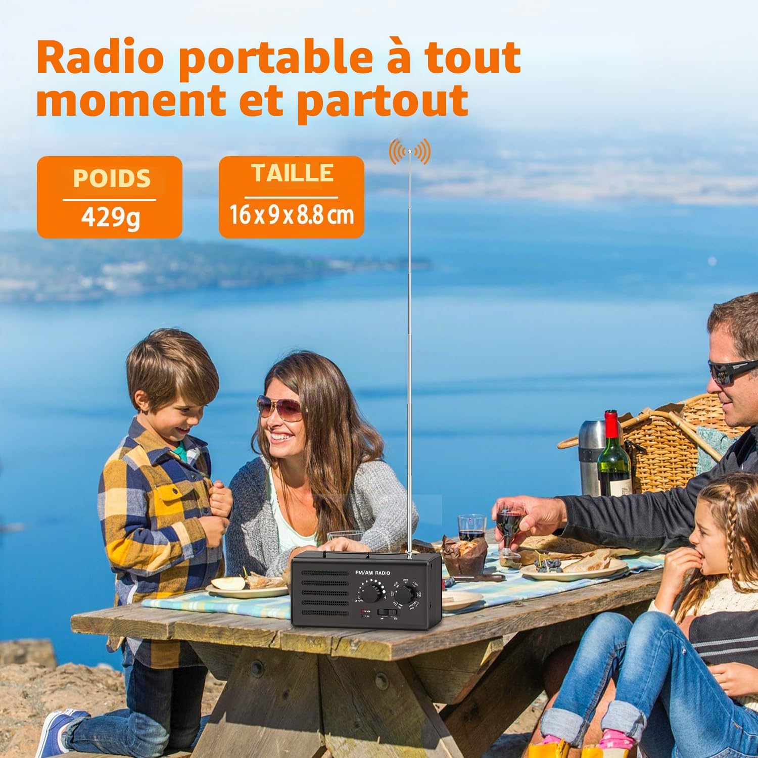 Radio Portable AM/FM avec Excellente Réception, Haut-Parleur Intégré, Prise Casque et USB. Alimentée par Piles, Idéale pour la Maison, L'extérieur et Les urgences.（Noir）