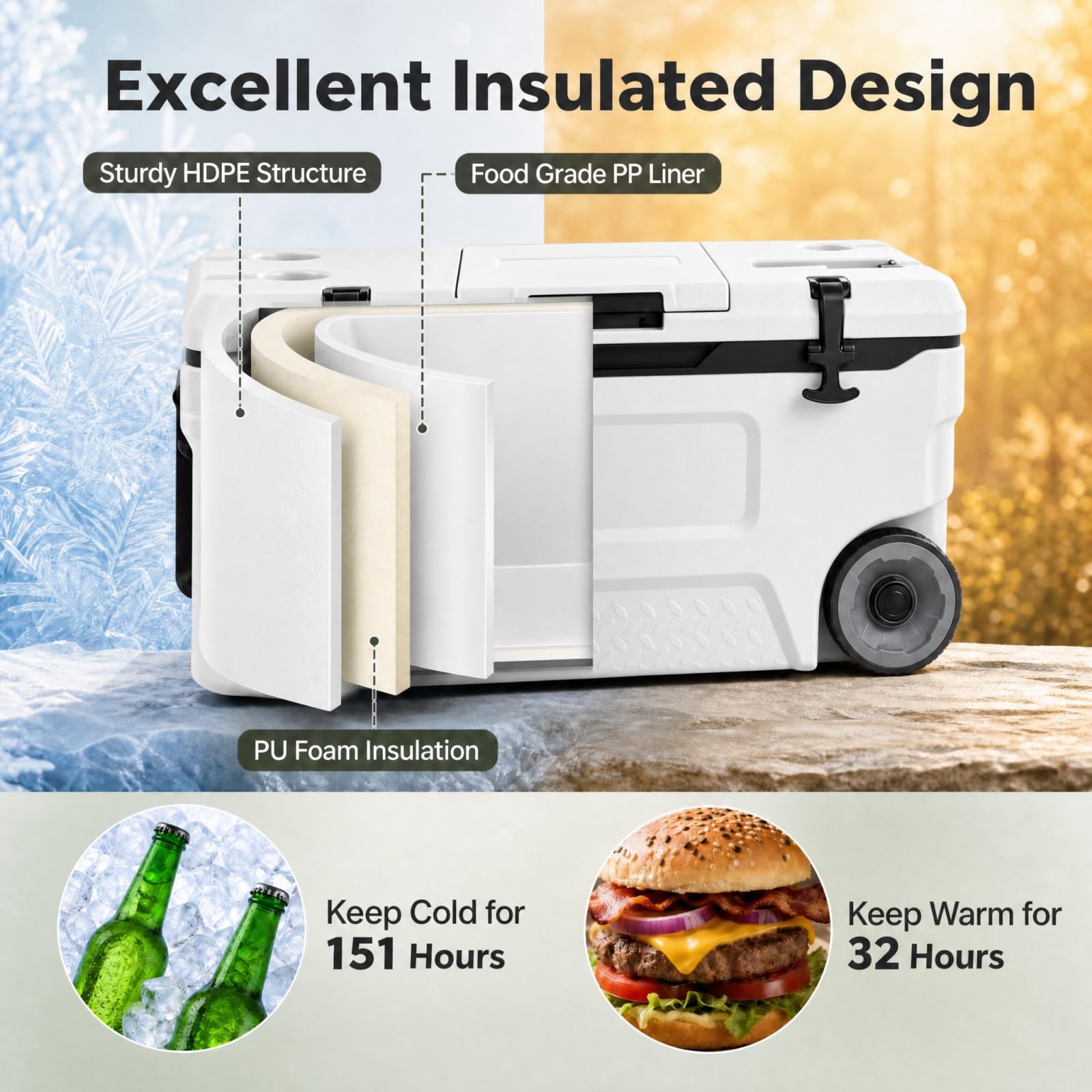 LIFEZEAL 50 L Frigo Termico Portatile 2 in 1 | Contenitore Termico Caldo e Freddo con Coperchio, 2 Sacchetti di Ghiaccio, Maniglie e Ruote per Pesca, Barbecue e Campeggio