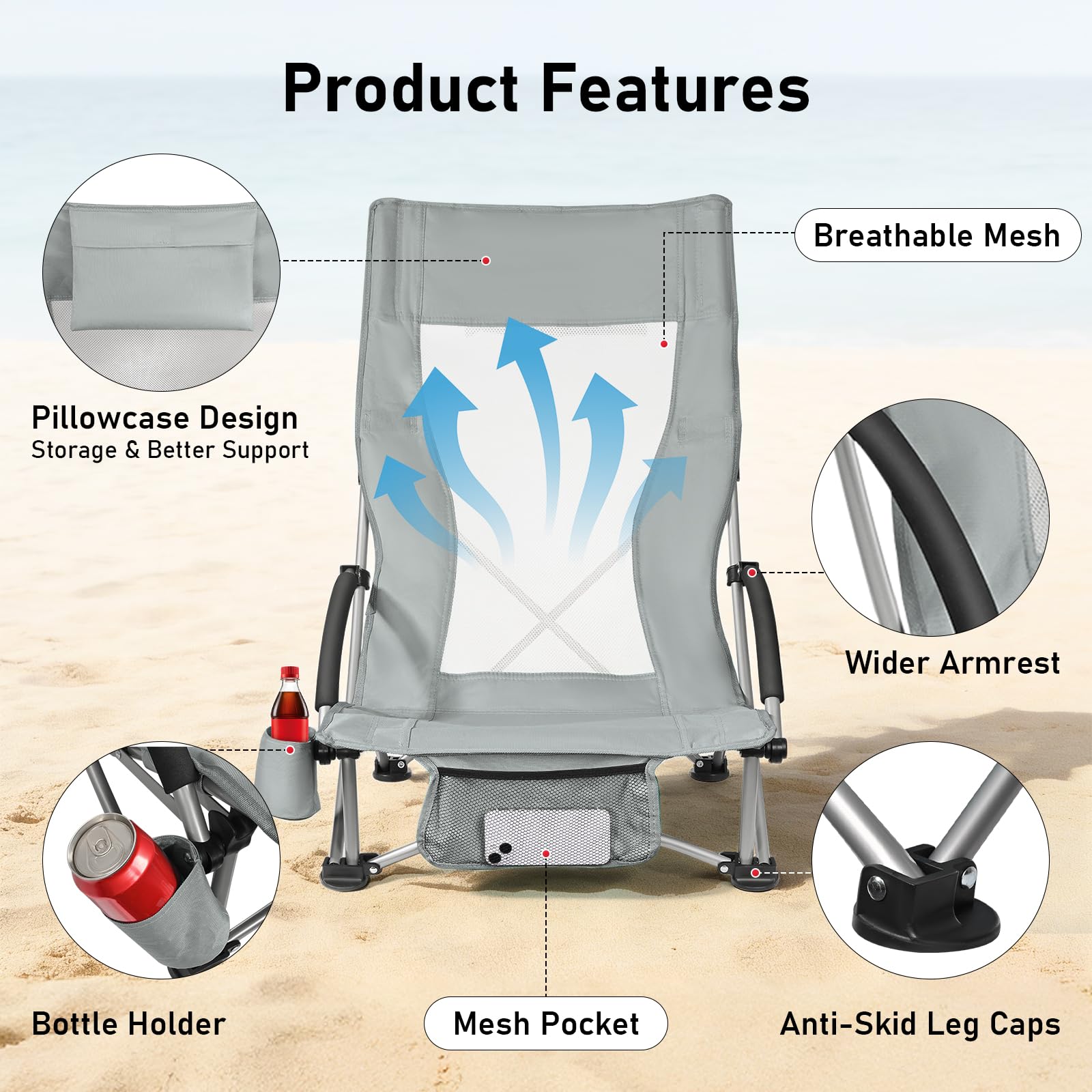 WildFun Silla de playa plegable, silla portátil de camping y pesca con respaldo alto, portavasos, soporta 180 kg para viajes, al aire libre, barbacoa, picnic, festival (2 unidades, gris)