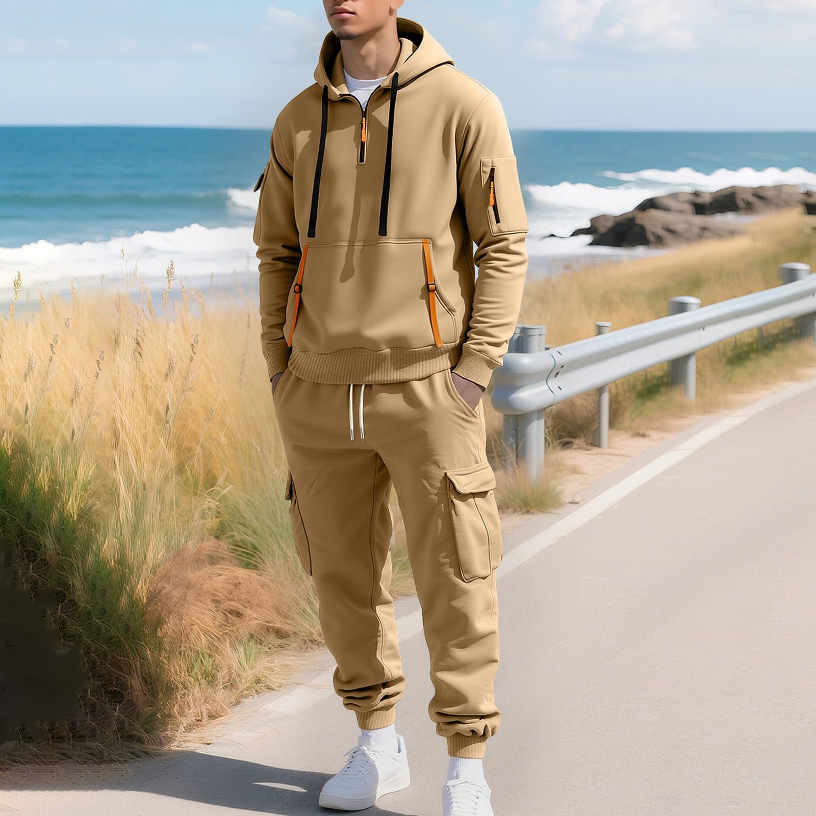 Generisch Set sportivo in due pezzi, per uomo, tuta da jogging, da uomo, in cotone, per il tempo libero, con cappuccio e pantaloni cargo, felpa sportiva