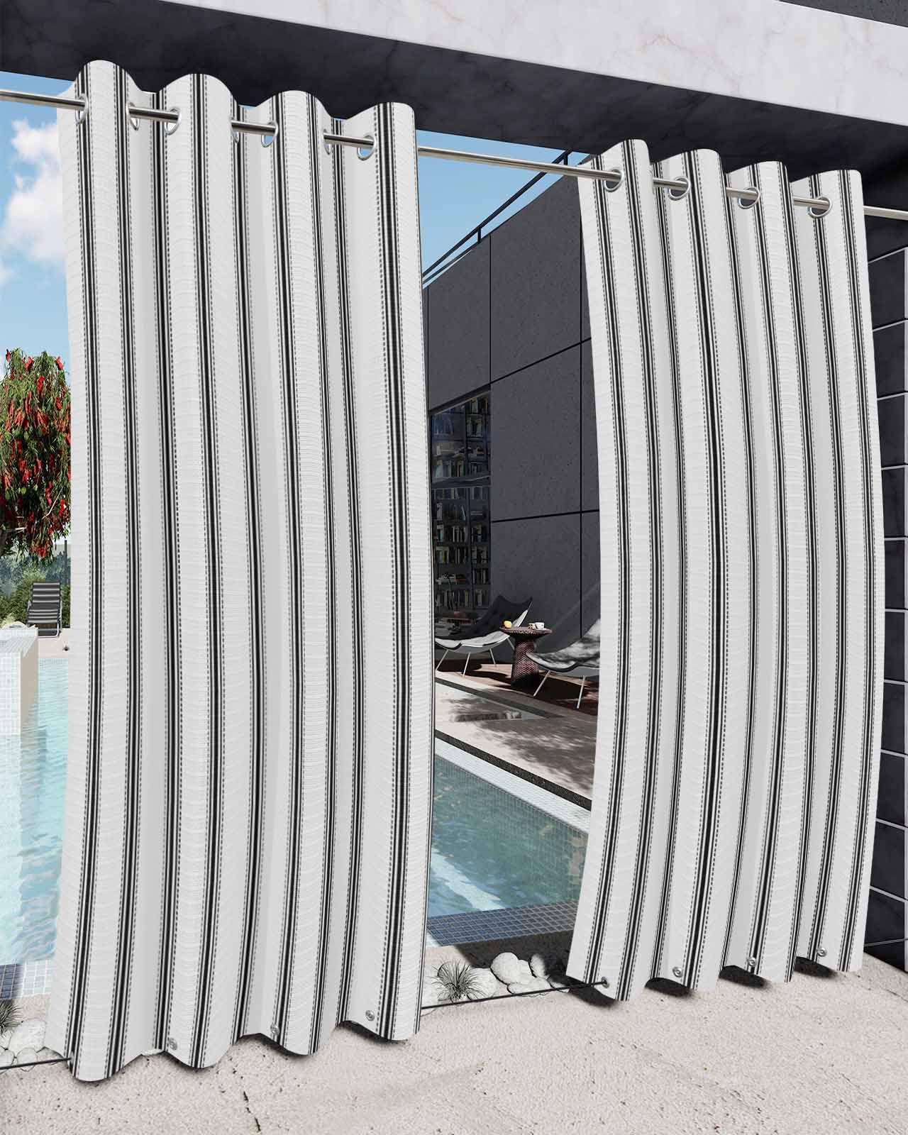 Black Stripes Outdoor Curtain Waterproof with Tiebacks Bottom and Top Grommets,Privacy Patio Drape Porch Balcony Sun Blocking Shade Drapery Minimalist Geometric Vertical Striped Casual Boho 54