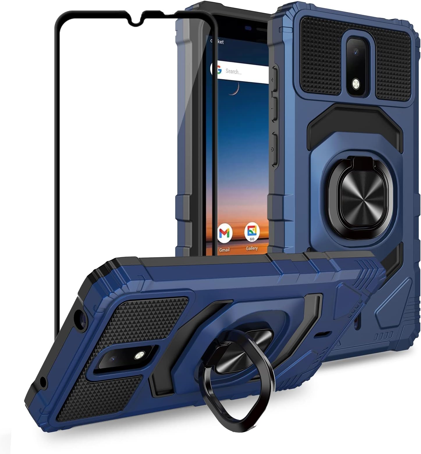 Ailiber Compatible with Cricket Icon 3/AT&T Motivate 2 Case, Cricket Splendor Case Screen Protector, Ring Kickstand for Magnetic Car Mount, Heavy Duty Shockproof Protective Phone Cover for Icon 3-Blue