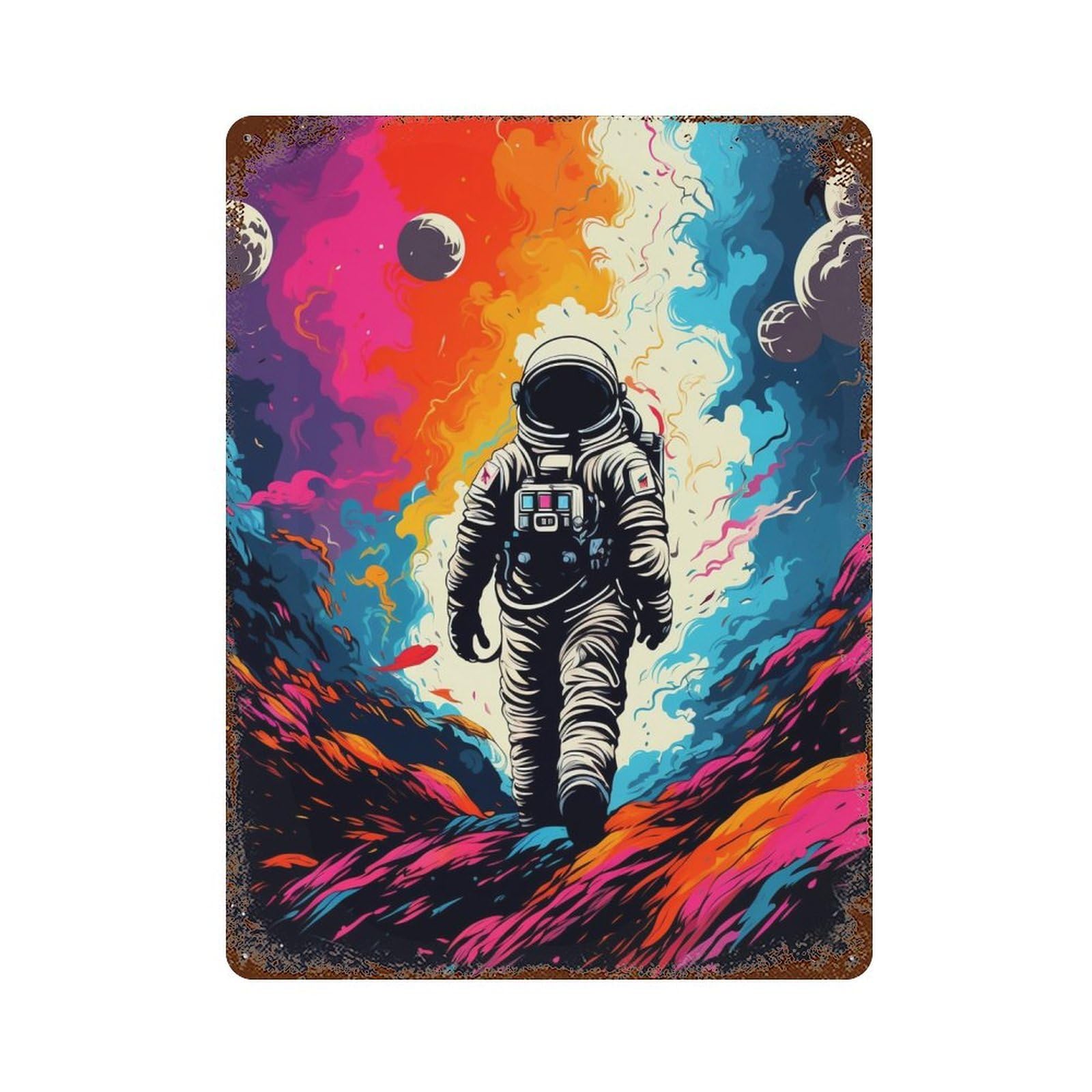 Garage Style Cosmic Astronaut Journey Distressed Metal Wall Sign 15.7"x11.8", Rustic Home Decor for Bar And Workshop