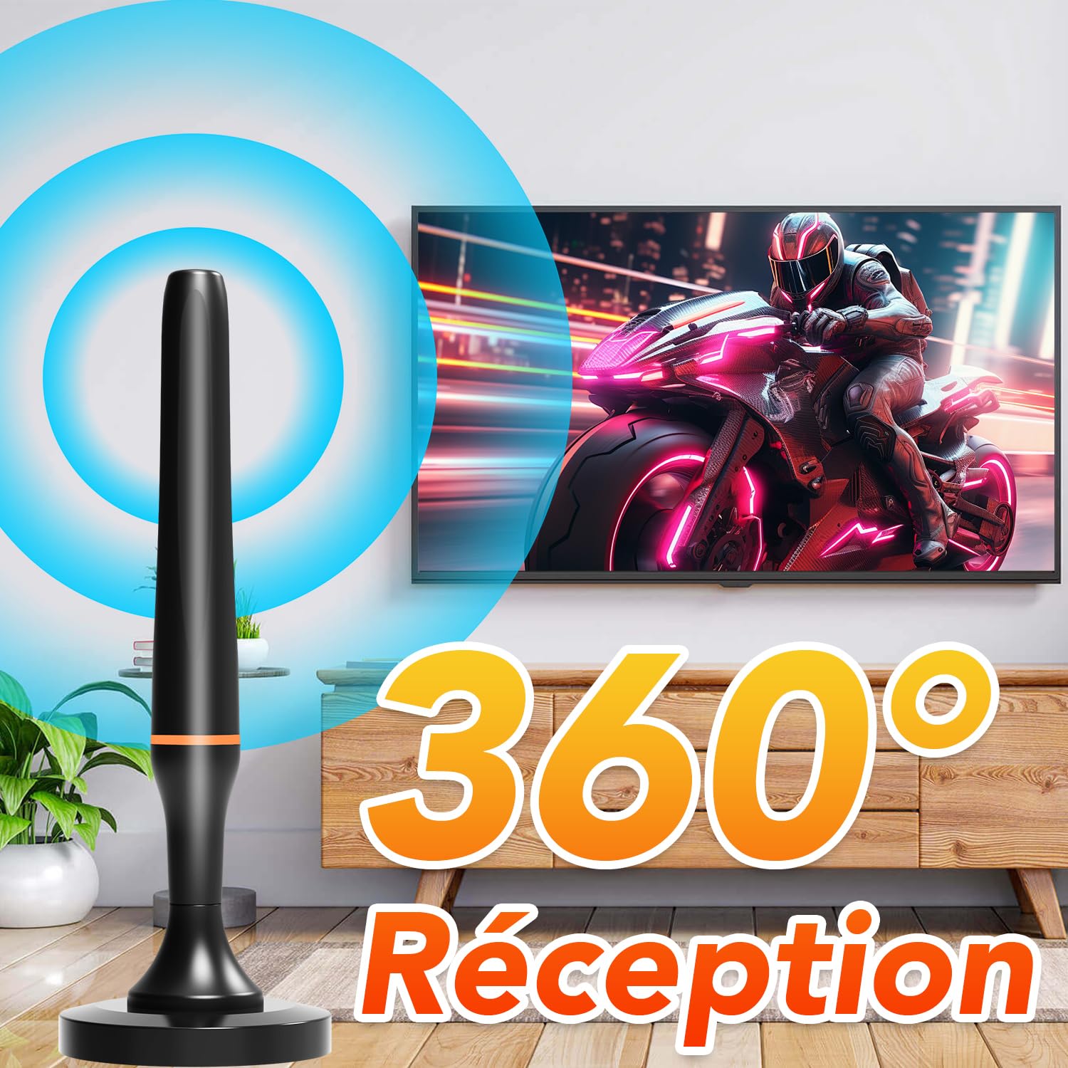 Antenne TV Intérieur Puissante, TNT Signal à Gain Élevé, Réception 360° Longue Portée 500km, Support 4K HD/1080P Chaînes Gratuites