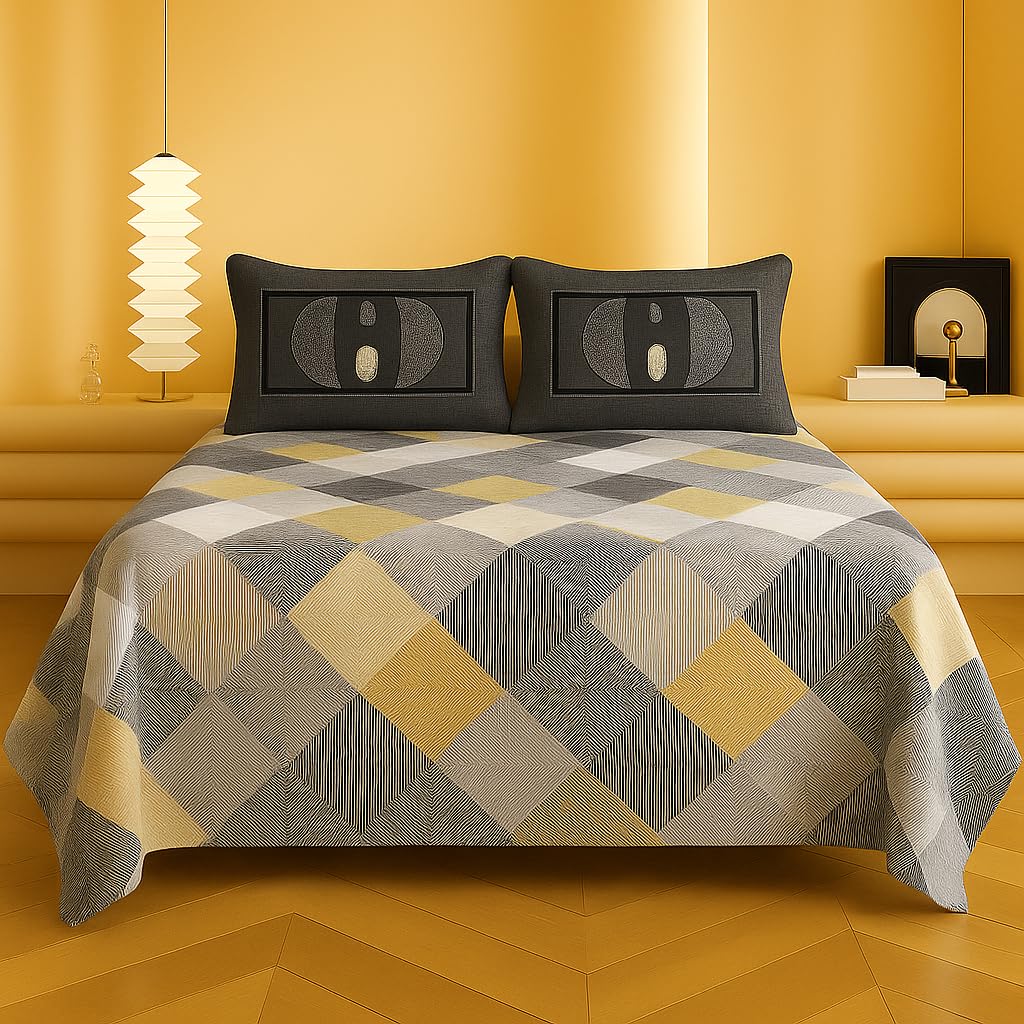 BSB HOME King Size Bedsheet | Cloud Cotton Flatsheet King Size with Contrasts 2 Pillow Covers 300 TC | Super Soft Bed Sheet | Floral Design (240 x 230 cm, Grey & Mustard Geometric Pattern)-image-28