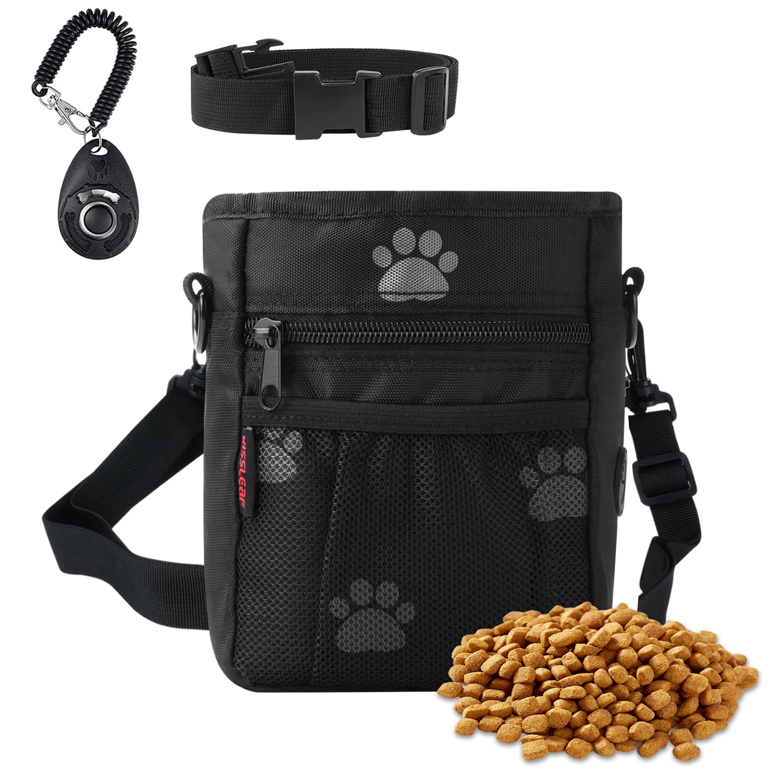 kissleaf Dog Treat Pouches for Pet Training, Treat Pouches for Pet Training,Large Dog Treat Training Pouch and Dog Clicker,Dog Training Treat Pouch Built-in Poop Bag Dispenser-Black Pattern.
