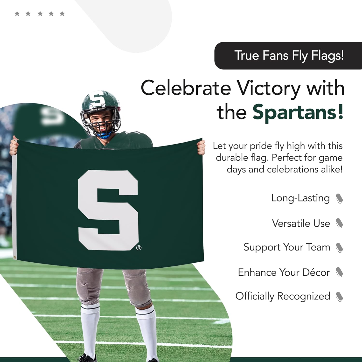 Michigan State Spartans College Sports Printed Flag - NCAA Licensed - Nylon - School Banner (Green, White) (3' x 5') - Image 6