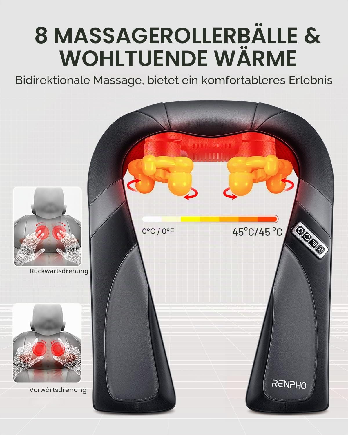 RENPHO Nackenmassagegerät mit Wärme, Massagegerät Nacken Schulter mit Tragetasche, Shiatsu Tiefengewebe-3D-Knetmassagegerät, Entspannung für Nacken, Rücken, Schulter, Beine, Füße