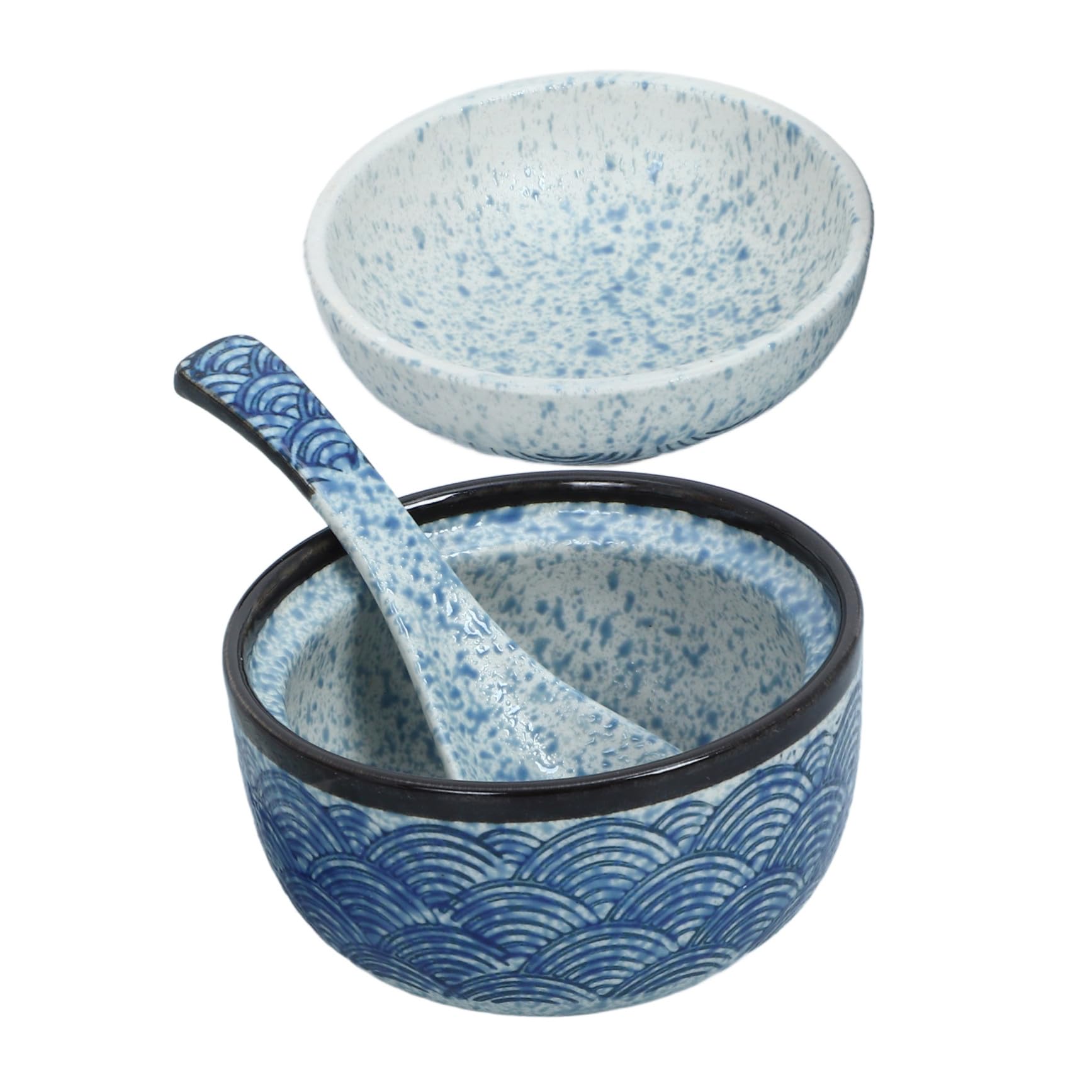 Cuenco Japonés para Sopa con Tapa, 1 Juego de Cerámica Azul | Acabado Liso sin Rebabas, Incluye Cuchara, Formato Multifunción para Ramen y Aperitivos