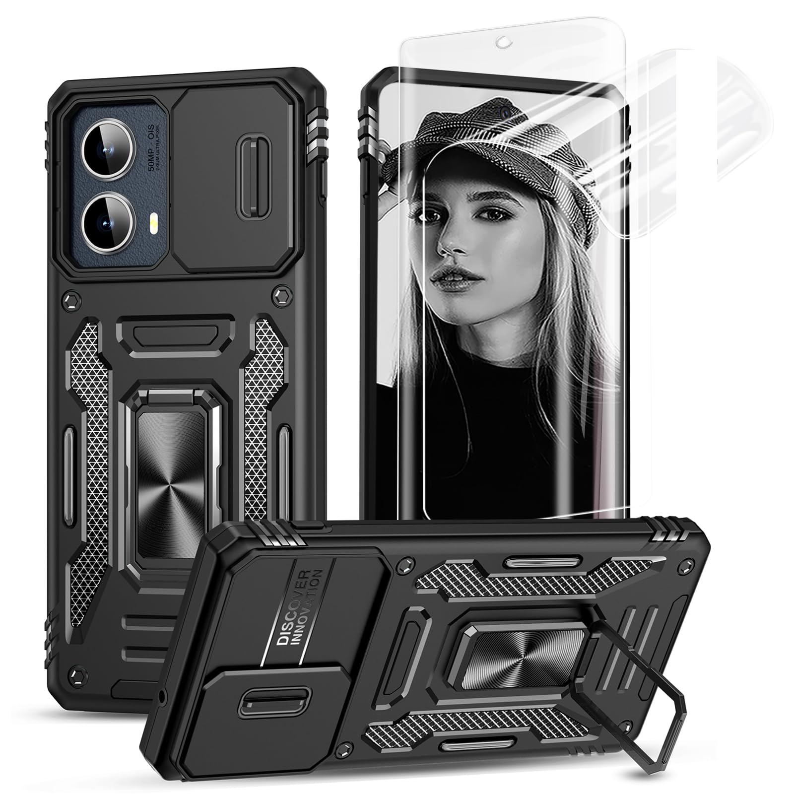 Jeylly for Moto Edge 2024 Case and Screen Protector [2 Pack], Military Grade Finger Ring Kickstand and Slide Camera Lens Cover,Heavy Duty Shockproof