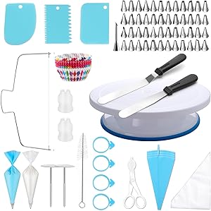 222 PCS Cake Decorating Kit - Includes Cake Turntable, Leveler, Piping Bags and Tips Set, 2 Frosting Spatulas, 3 Scrapers, 100 Cupcake Liners, Booklet and more Decorating Supplies