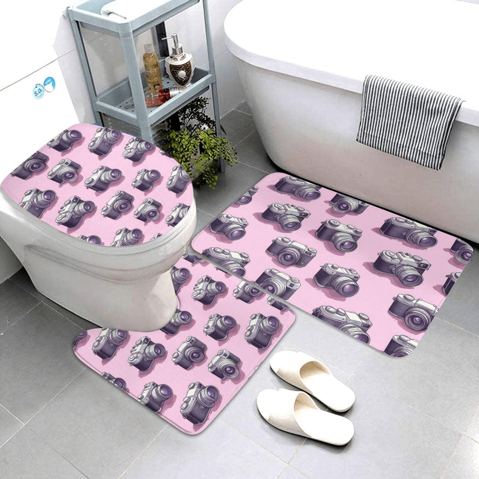 Tapis de salle de bain lavable et antidérapant lot de 3 avec housse WC amortissante rose