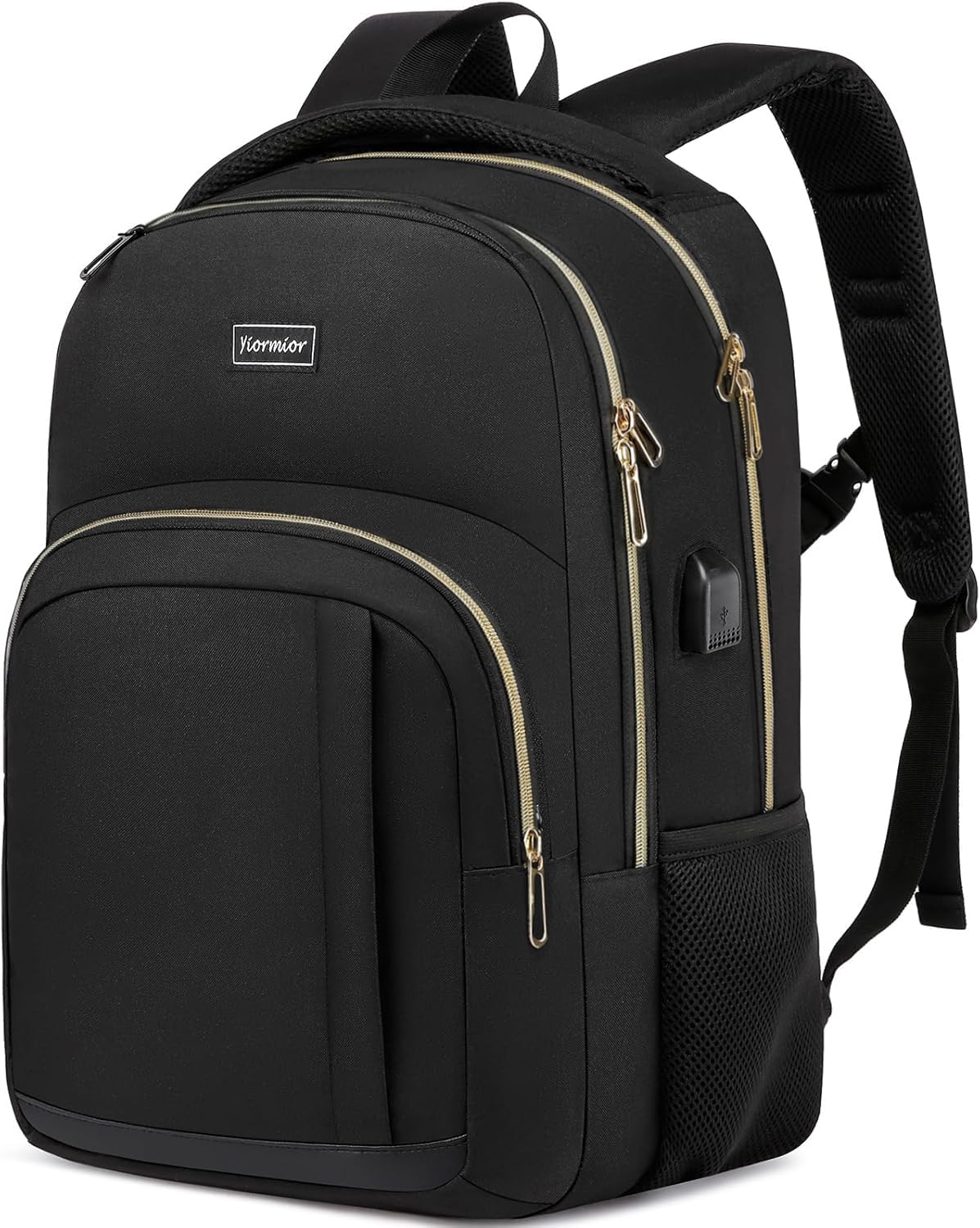Zaino da scuola per laptop da 15,6", impermeabile, con porta di ricarica USB, oro nero, 15,6 zoll