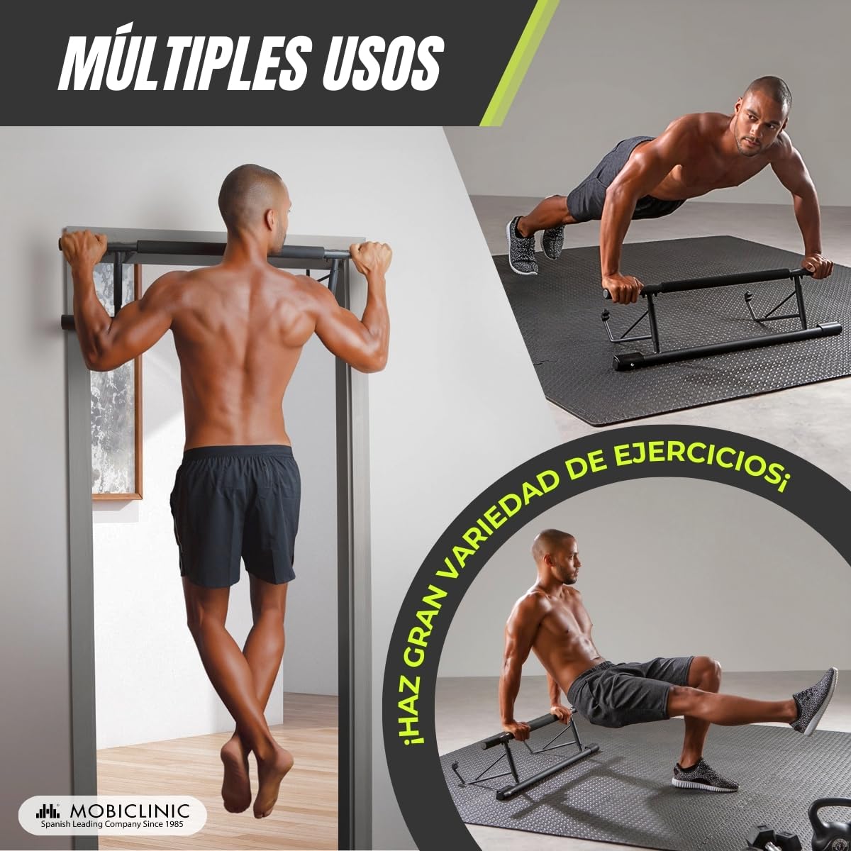 Mobiclinic® fitness, Barra de dominadas para colgar, Sin herramientas, K5, Máx. 200 kg, Con elástico, Asas espuma antideslizante, Acero, Adaptable 70-92 cm, Ejercicio en casa, Fácil almacenaje