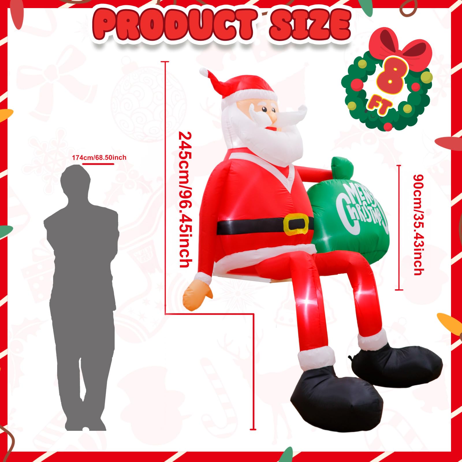 245cm Aufblasbare Weihnachtsdeko Außen, Aufblasbarer Weihnachtsmann Deko Draußen mit Geschenktüte, IP44 Wetterfest Weihnachtsmann Aufblasbar mit LED Beleuchtung Gebläse für Rasen Hof Außen