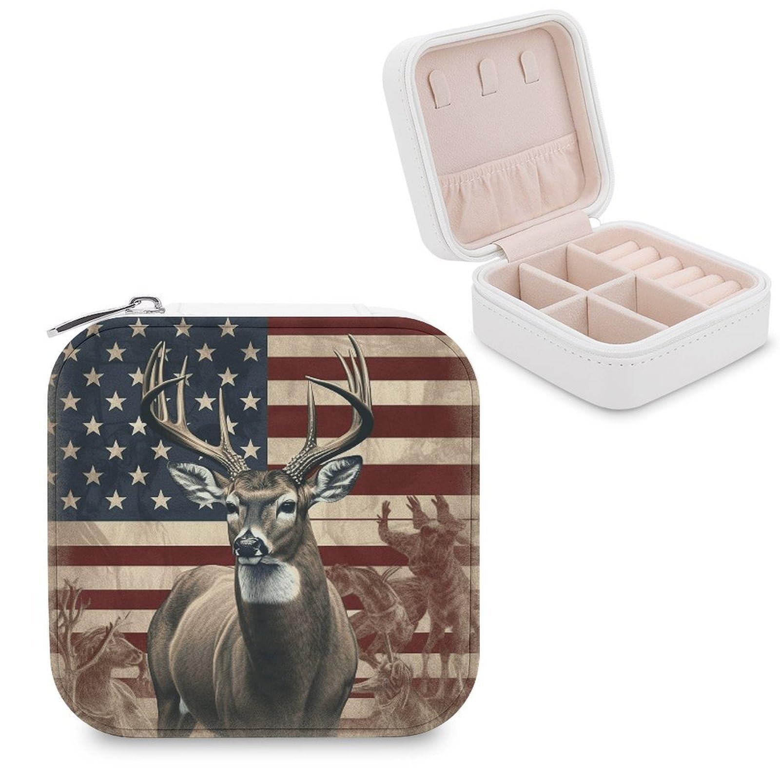 VstaDank Americana Flag Deer Travel Jewelry Case Zipper Portable Small Jewelry Box Custom Pu Leather Mini Traveling Jewelry Organizer for Rings Earrings Necklace Bracelet Girls Women