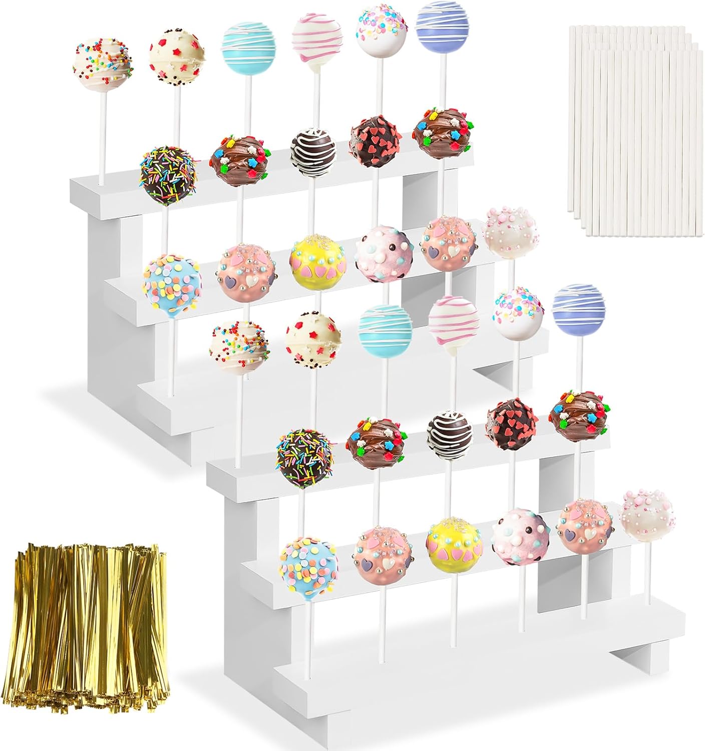2Pcs Wood Cake Pop Display Stand, White Lollipop Holder 3 Tier with Twist Ties Lollipop Sticks, 33 Holes Sucker Storage Rack for Dessert Table of Wedding Birthday Party Christmas Day (B)