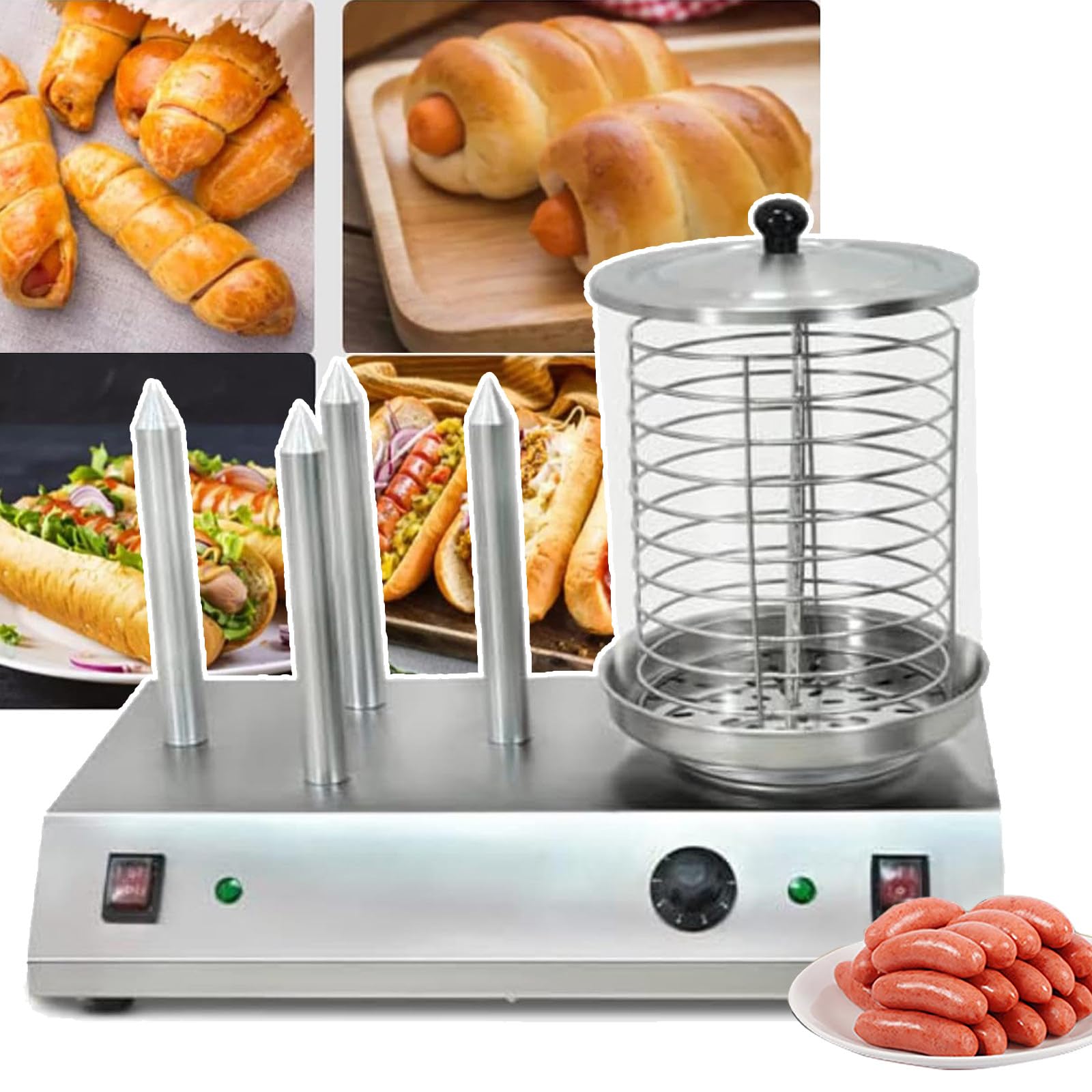 ERoomQ 458w Electric Sausage Grill Cooker Machine,4 Heating Spits,Heating Aluminum Rod,w/Temperature Control + Detachable Glass Cover
