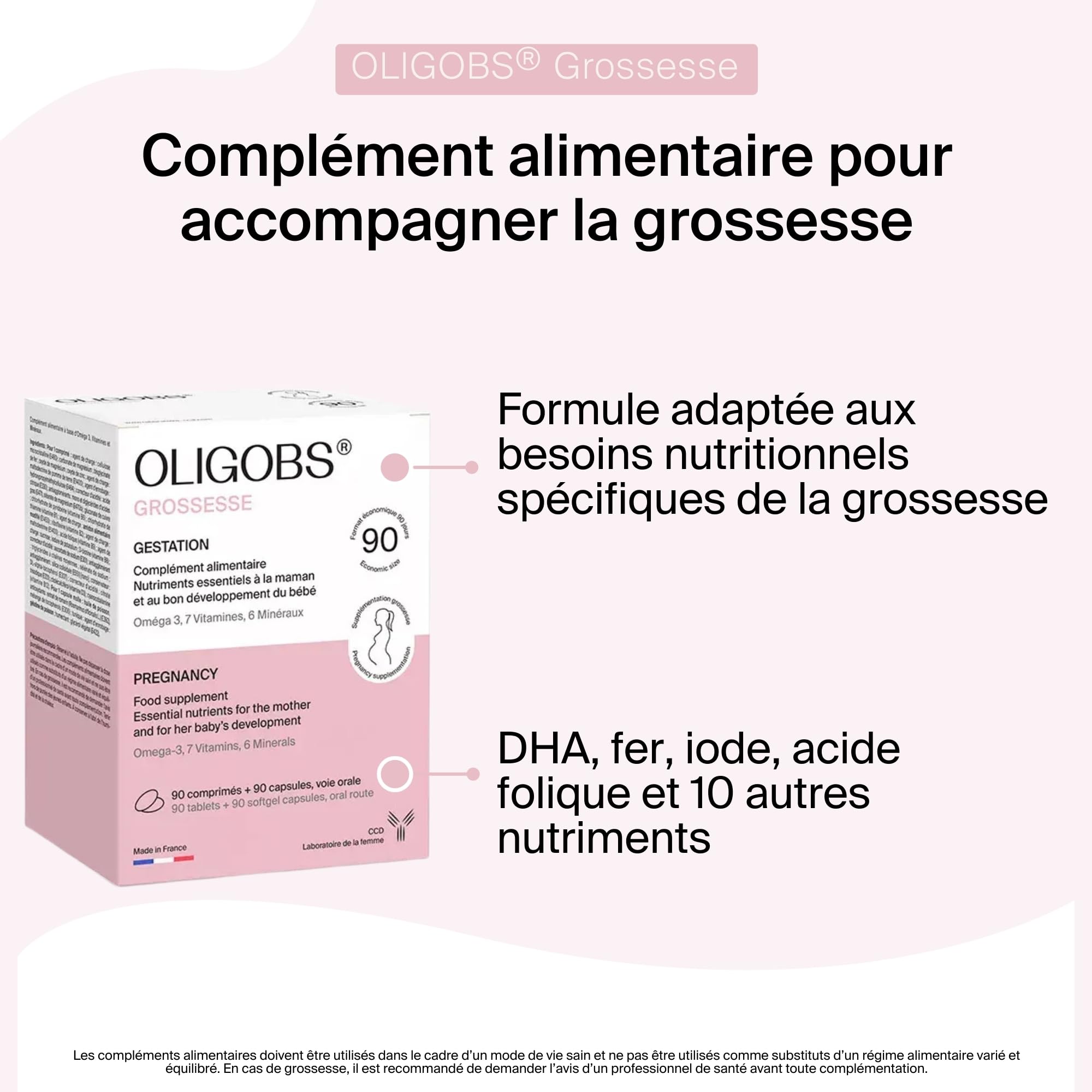 CCD Oligobs Grossesse – Complément alimentaire femme enceinte – Acide folique, DHA, fer – 90 comprimés + 90 capsules – Fabriqué en France