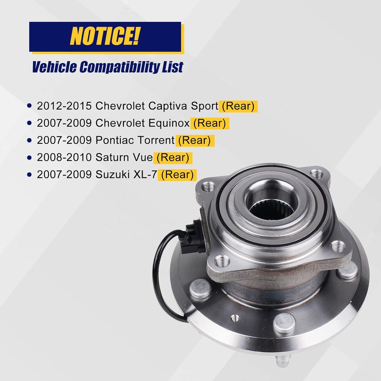 KUSATEC 512358 Rear Wheel Bearing Hub Assembly for 2012-2015 Chevrolet Captiva Sport 2007-2009 Chevrolet Equinox 2007-2009 Pontiac Torrent 2008-2010 Saturn Vue 2007-2009 Suzuki XL-7, 5 Lug w/ABS