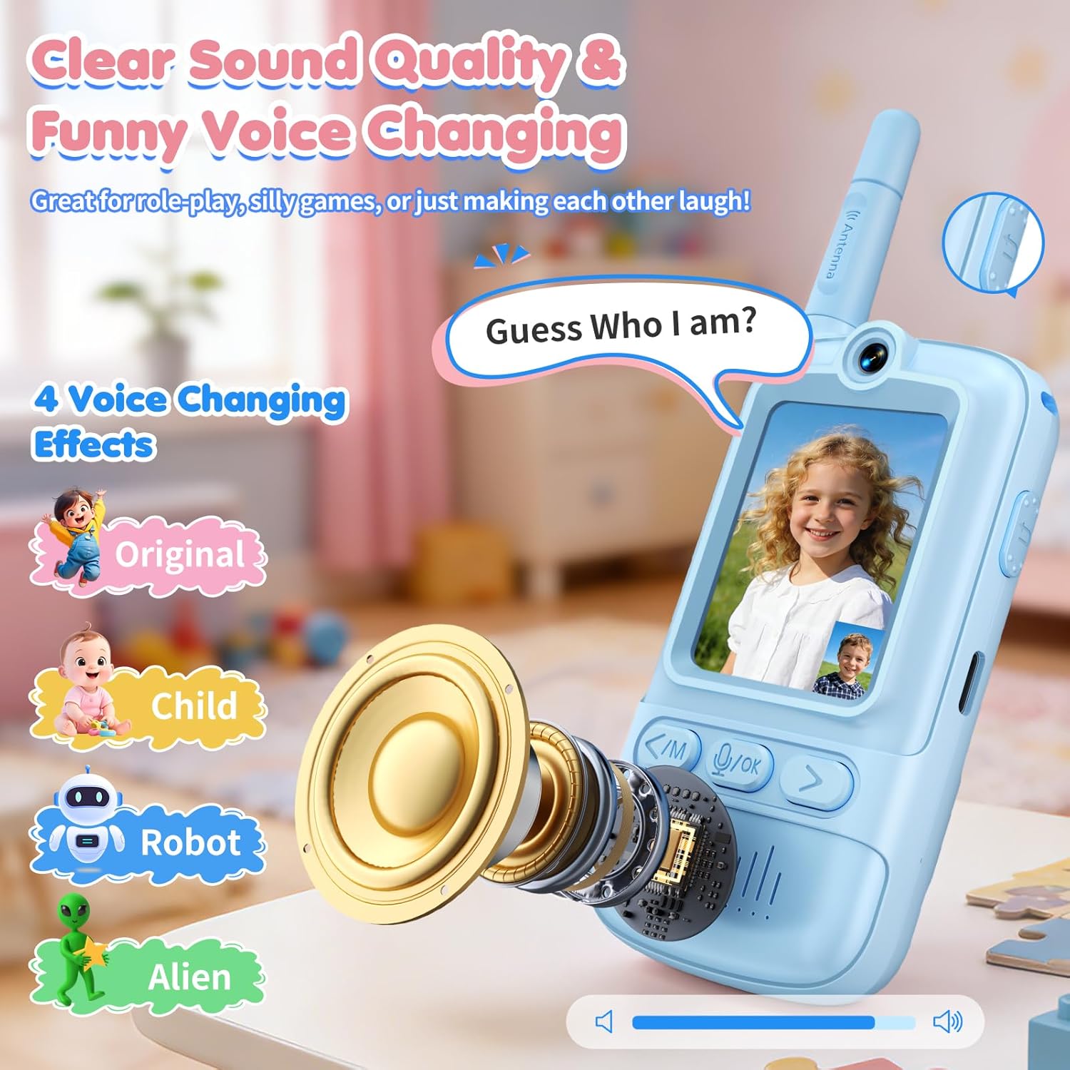 Video Walkie Talkies for Kids, 6 Modes Rechargeable Video Intercom Kids Walkie Talkies, Long Range 2 Way Radio with 4 Voice Effects, Kid Indoor Outdoor Toys Birthday Gift for Age 3-12(Blue/Blue)