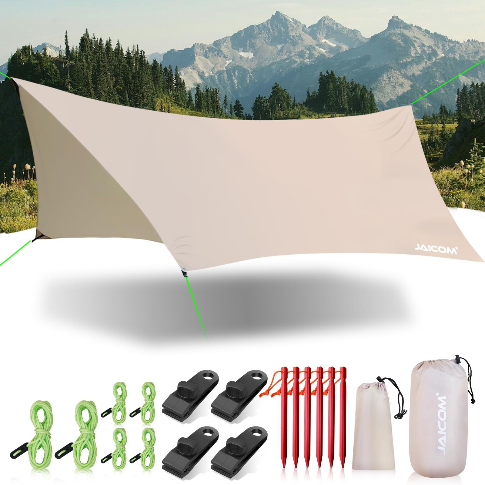 JAICOM Tarp Wasserdicht, 3.6x2.9m Ultraleicht Camping Zeltplane, Anti-UV Sonnen Regen Schutz Schnee, Sonnensegel mit Öse, Nylonseile, Aluminiumstifte, Zelt Clips, für Hängematte Picknick Wandern
