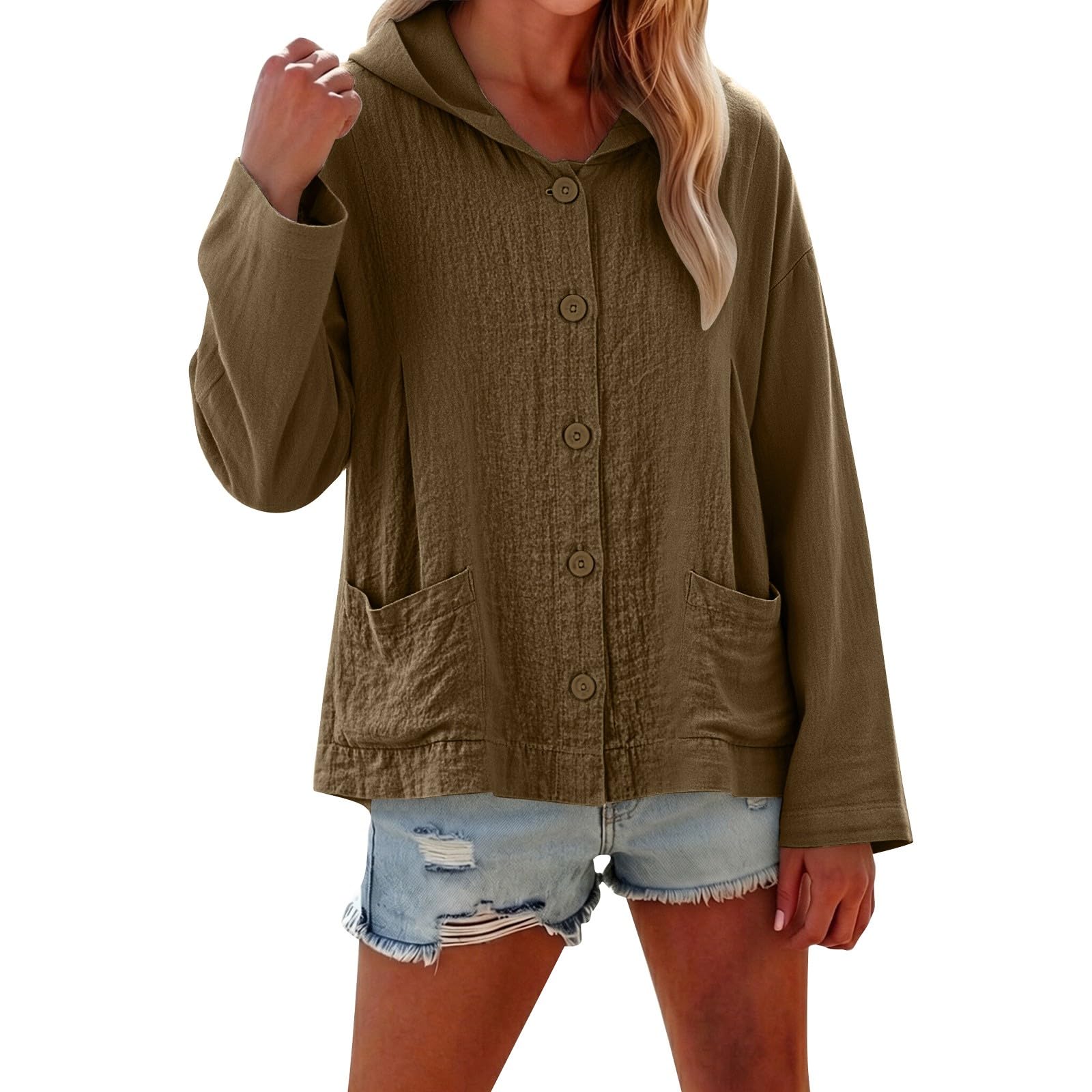 Blusa ligera con capucha y cremallera para mujer, estilo casual, manga larga, con capucha, color liso, para verano, holgada, color beige