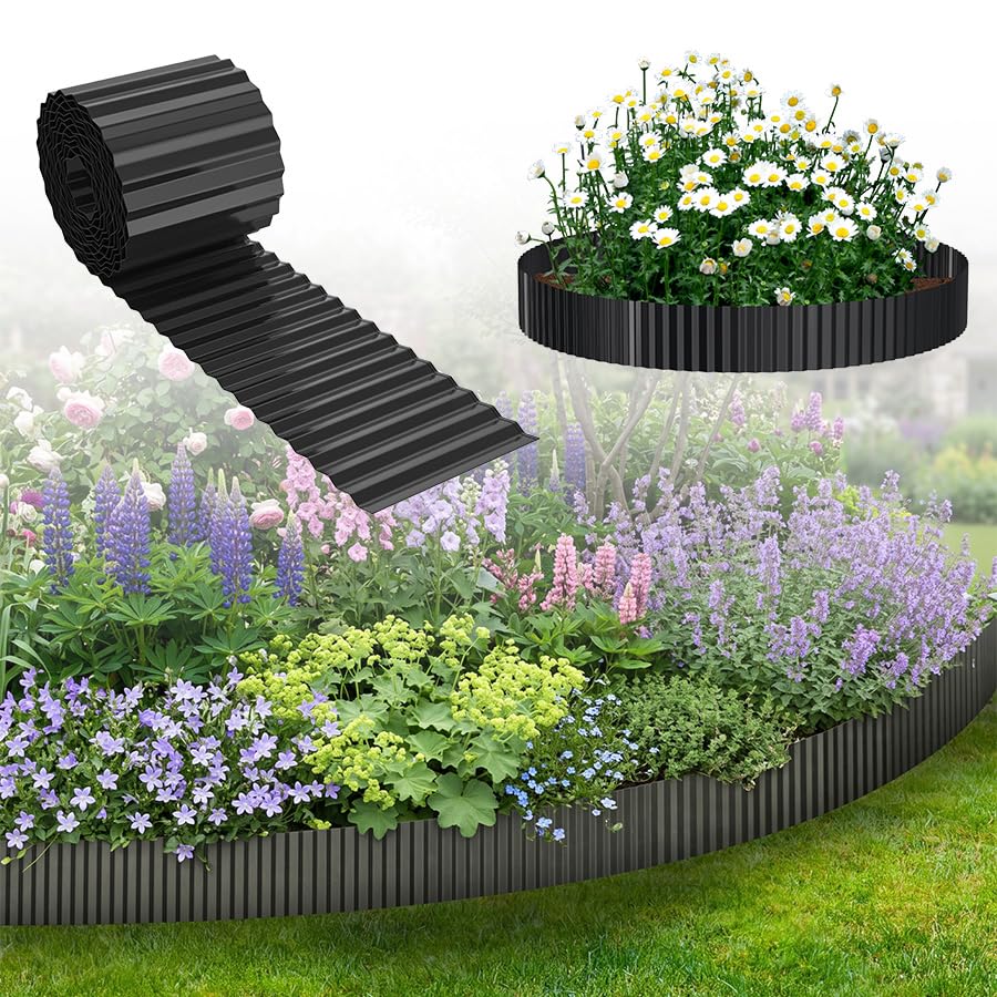 LARS360 Garden Border Edging, 15cm x 20m Metal Lawn Edging Borders, Corrugated Galvanized Flower Bed Edging, Flexible Weathering Steel Lawn Border for Flower Plants Beds and Garden, Black
