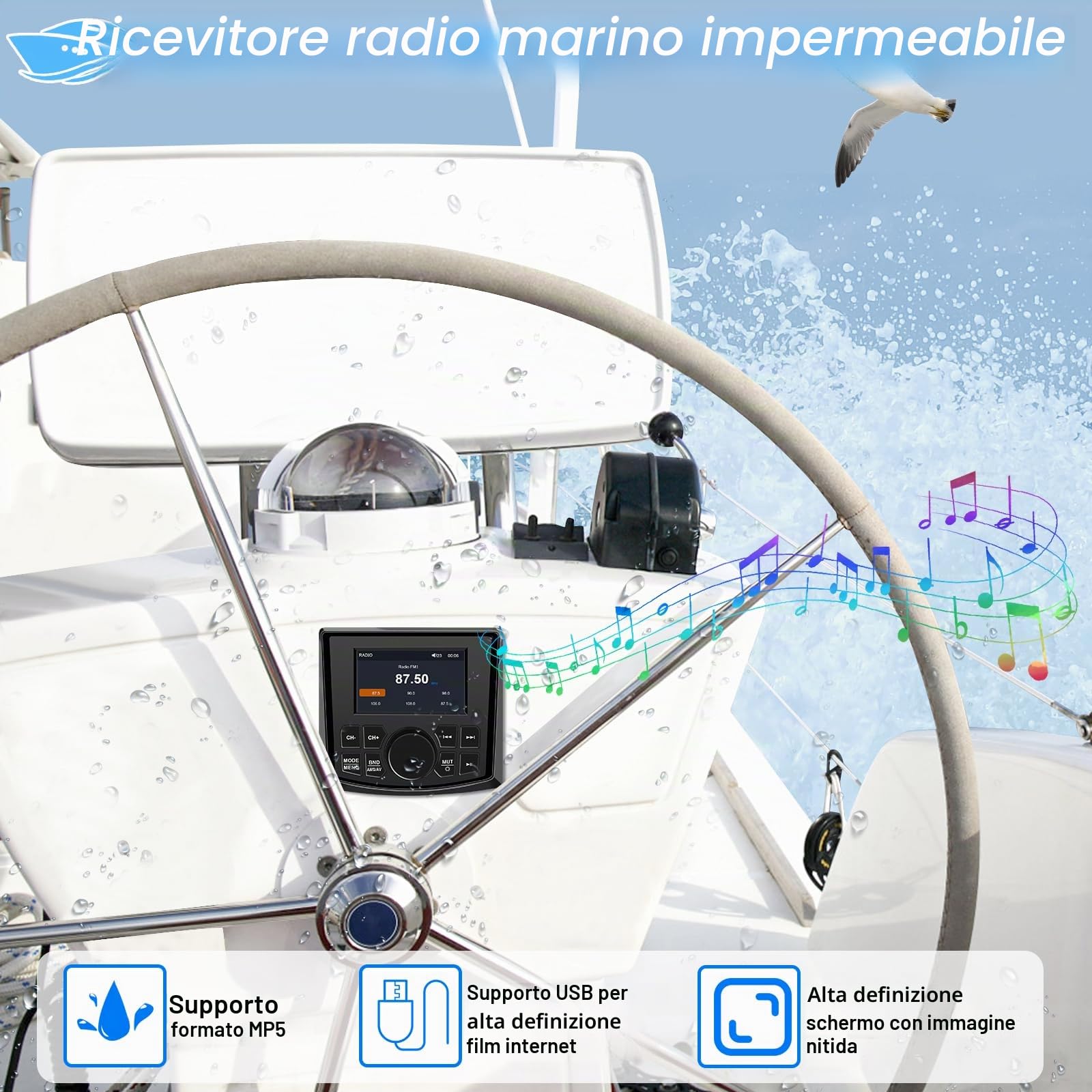 Geloo FM/AM Radio Marine Stereo Barca Marino Autoradio Impermeabile per Barca Nautica, MP5 Player Universal con 4 Pollici Digitale Display per Barche, Yacht, Golf Cart, ATV, Camper,SUV