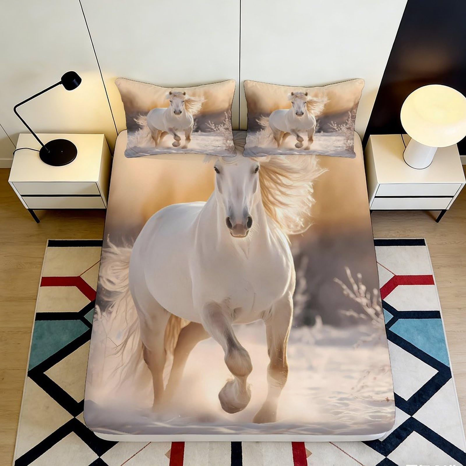 Pnayamiorkfel Style-1 3D Printed White Horse Fitted Sheet Microfiber Soft Breathable Wild Stallion Mattress Cover For Bedroom Dorm Decor 90X200x25cm