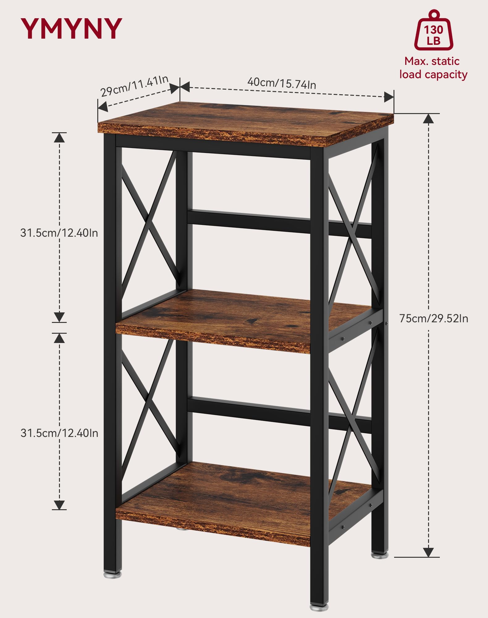 YMYNY Bücherregal, Standregal mit 3 Ablagen, Stabiles X-Rahmen, Verstellbare Füße, Einfachmontage, 40×29×75cm, für Wohnzimmer, Schlafzimmer, Küche, Arbeitszimmer, Badzimmer, Rustikales Braun HST008H