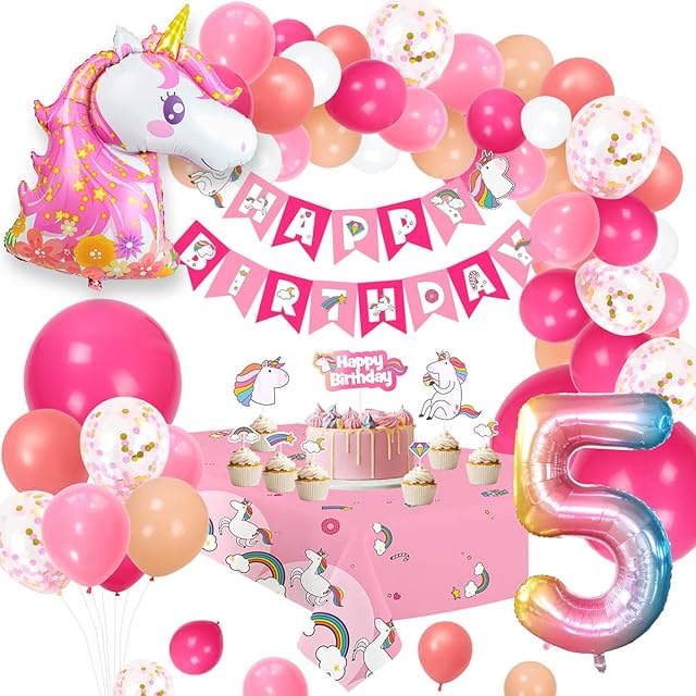 Humairc 5th Birthday Decoration, Unicorn Balloons Birthday Decorations Set Girls Unicorn Party Bags Happy Birthday Banner Cake Topper Tablecloth Large Number 5 Balloon Unicorn Balloon, 5th Girls Decor