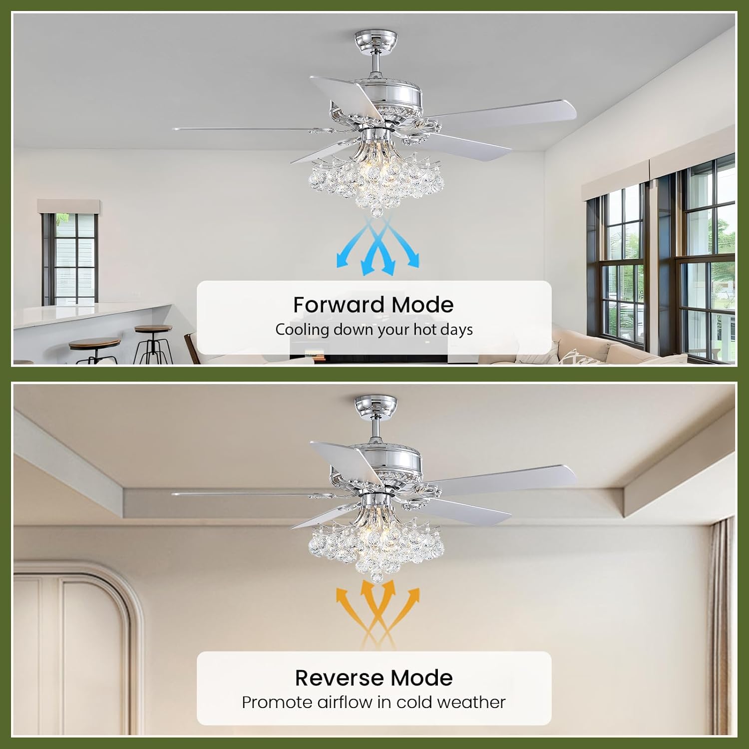 MOOONIHCE 52" Elegant Ceiling Fan with Light and Remote, Raindrops Crystal Fandelier with Wood Blades, Reversible Chandelier Fan for Living Room Bedroom Dinning Room