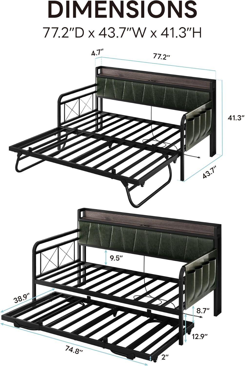 LIKIMIO Twin Daybed, Day Bed with Trundle, Storage Upholstered Headboard and Charging Station, Trundle Bed with Strong Supports for Living Room, Bedroom, and Guest Room, Dark Green