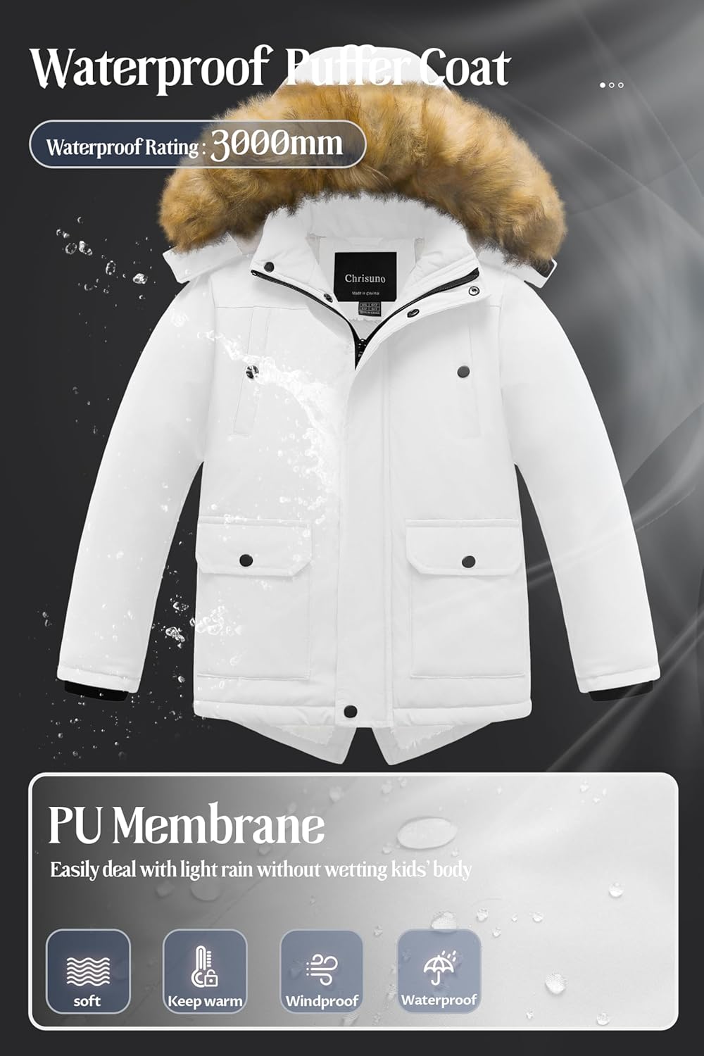 Chrisuno Boy's Waterproof Winter Sherpa Parka Coat Med-Length Outerwear Jackets With Detachable Furry Hood - Image 4