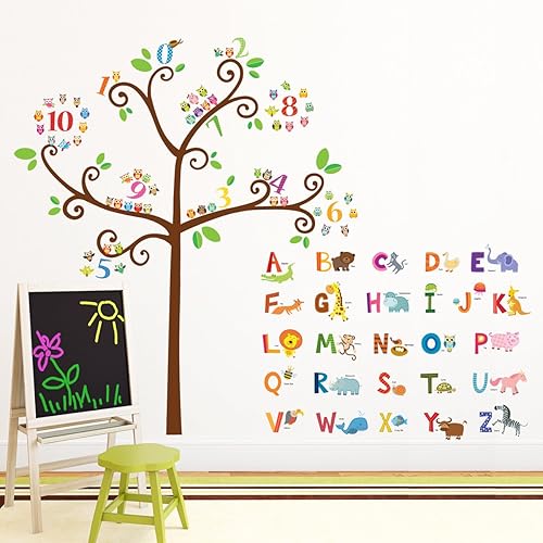 Miniatura 2 de Pegatina para pared de Decowall DA-1503, animales con alfabeto y búhos con árbol de números, para niño, pegatina para pared, pela y remueve, para