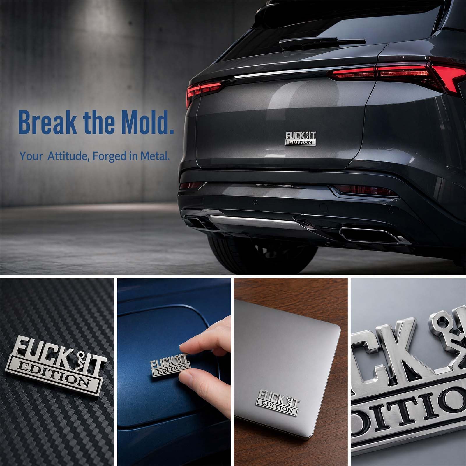 Fuck It Edition naklejki na samochód, 2 sztuki, samoprzylepne, 3D | Metalowa naklejka samochodowa 3D, zabawna, na tylną klapę, karoserię, tuning, srebrno-czarna