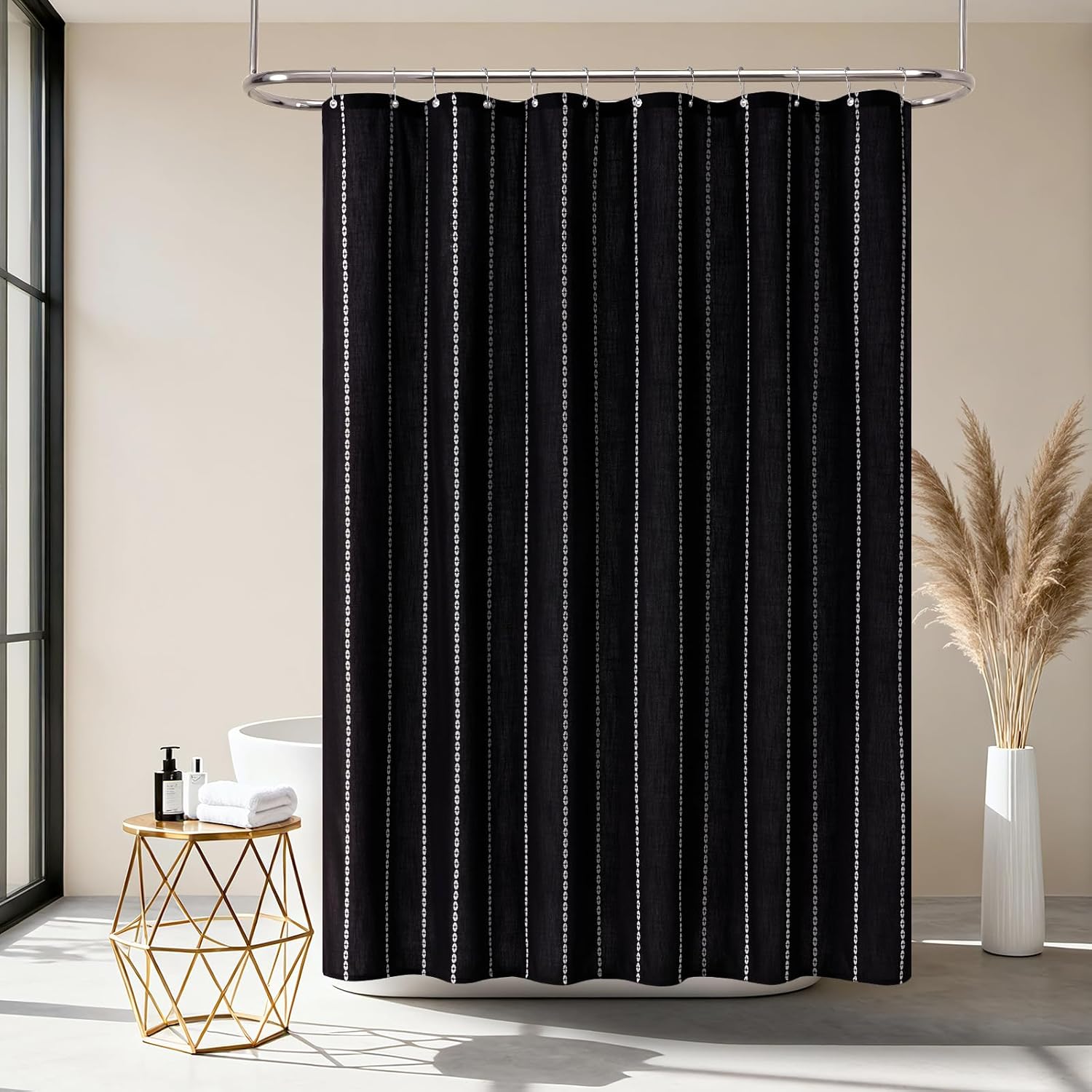 VANZAVANZU Boho Plaid Shower Curtain Black, 330 g/m² Polyester Linen Blend Fabric Waterproof Coating Shower Curtains for Bathroom, Farmhouse Rustic Shabby Chic Neutral Bathroom Curtain Set 72”x 72”