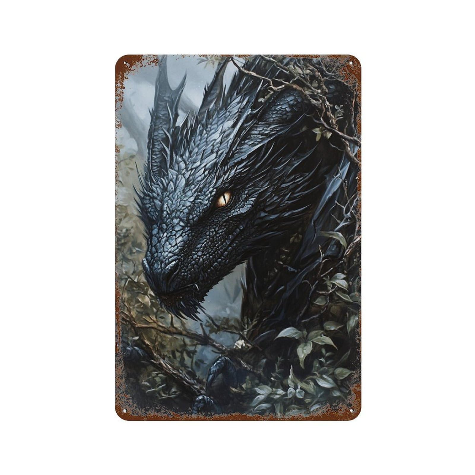 Vintage Rust Metal Sign Fantasy Dragon Artwork 11.8"x7.9", Novelty Wall Decor for Office, Studio And Wall Decor