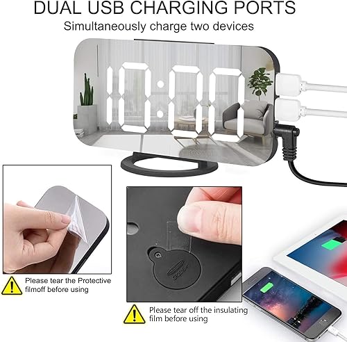 Miniatura 4 de Miowachi Reloj despertador digital, reloj LED de espejo grande, repetición, luz nocturna tenue, 2 puertos de cargador USB, reloj despertador de Negro