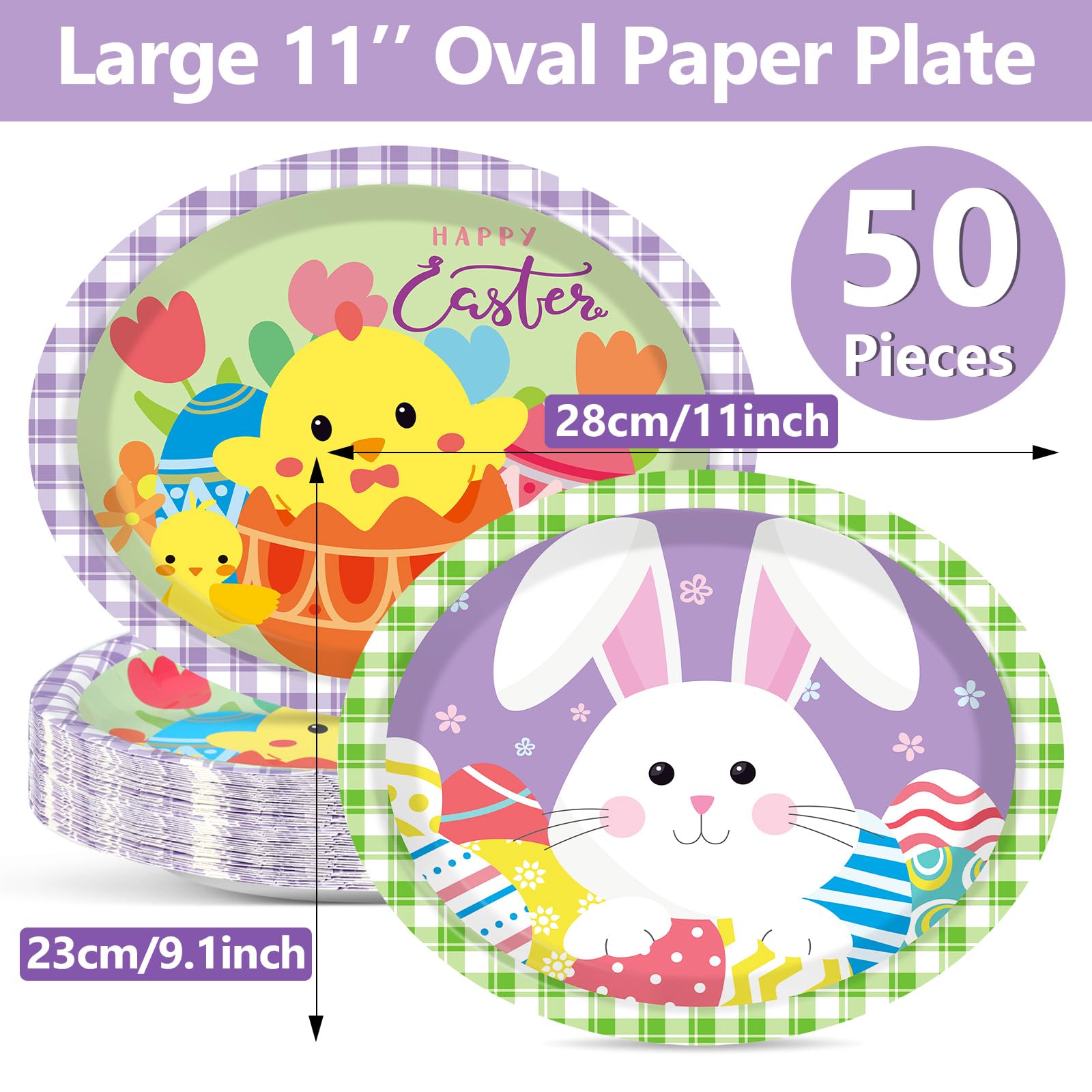 Qyeahkj Ovale Pappteller "Happy Easter", groß, 27,9 cm, Einweg-Hasen-Party-Dekorationen, bunte Ostereier, Gastgeschenk für Oster-Party, Geschirr-Set, 50 Stück