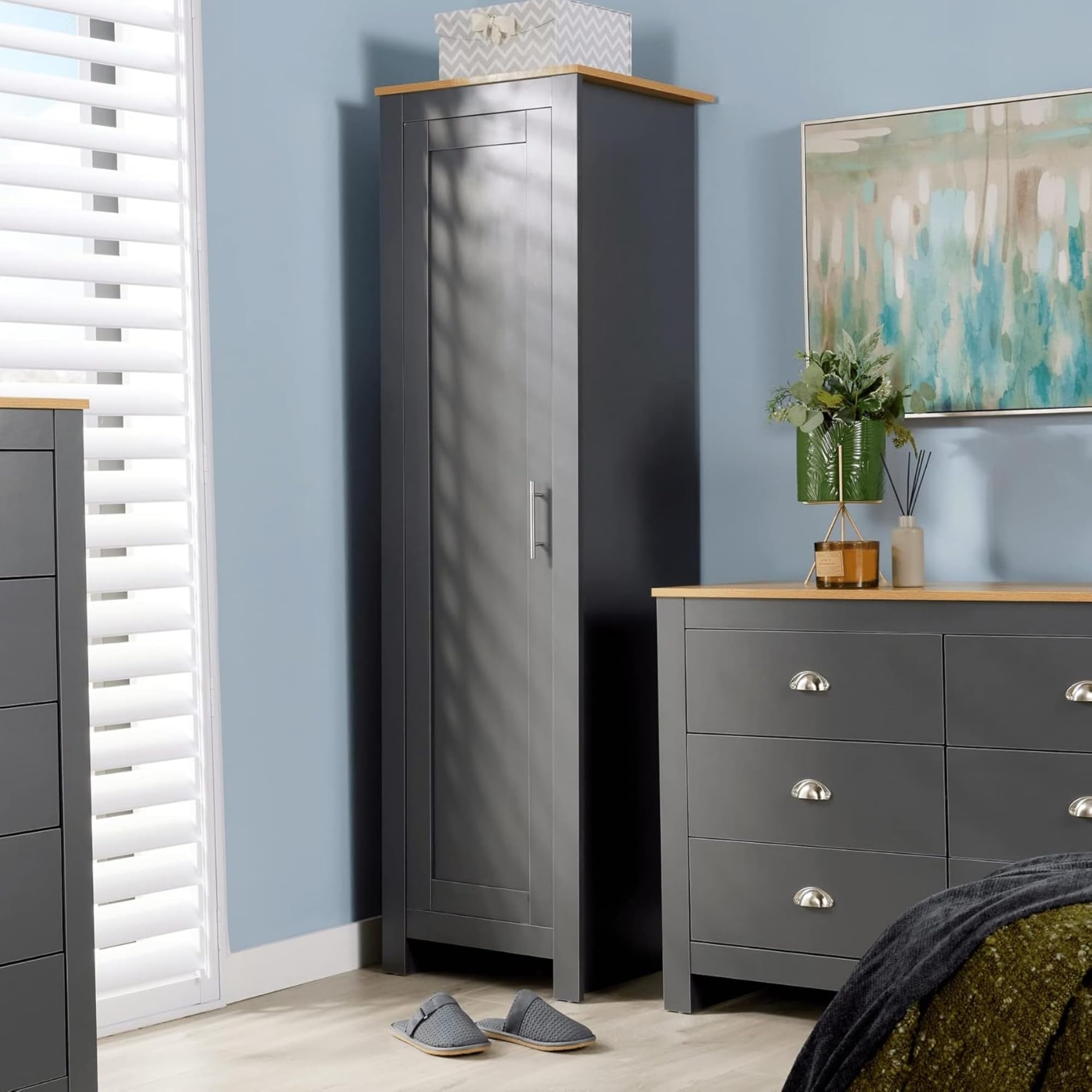 Home Source 1 Door Wardrobe - Dark Grey Oak Top - Bedroom Clothing Storage - Wooden Unit