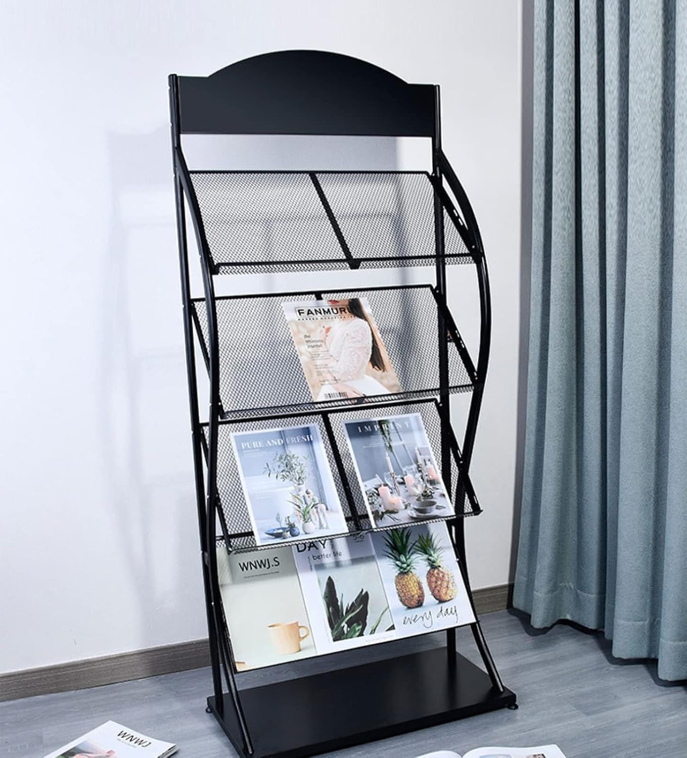 4段フロアスタンドマガジンラック - ショールーム用59インチ新聞・パンフレットディスプレイスタンドホルダー、パンフレットオーガナイ