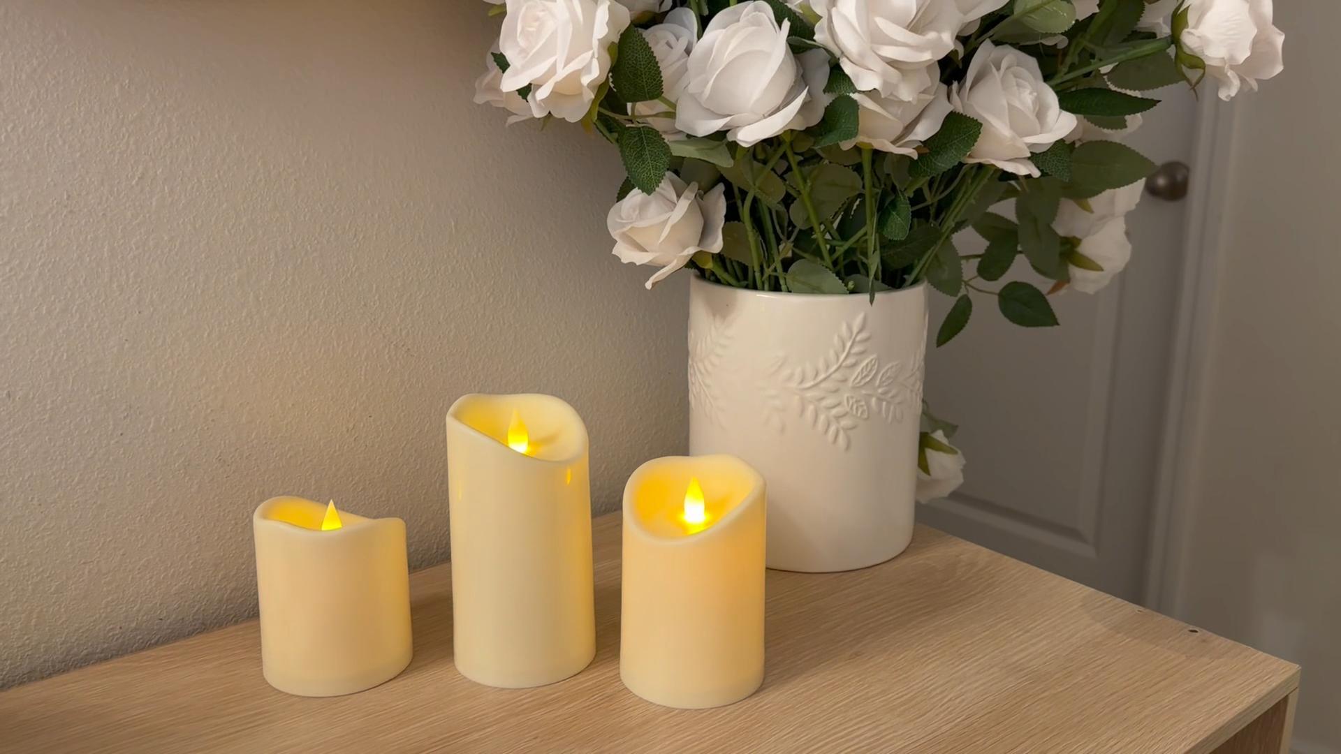 Image of Flameless Candles 3 inchD X 6 inchH Set of 12 Outdoor Indoor Ivory Pillars Battery Operated Flickering Candles Include 8-Key Remote Timer Function, Ivory Waterproof Candles for Wedding, Aniversary Decor