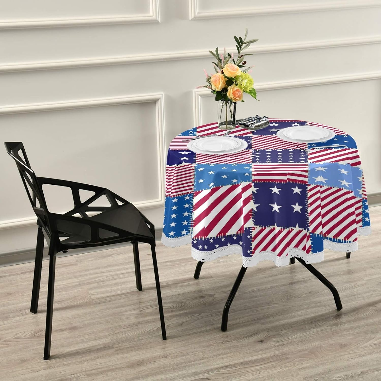 Exсluѕіvе Dіѕсоunt 50% Prісе Patriotic American Stars Flag Tablecloth USA Independence Mermorial Day Round Tablecloths Circular Table Cloths Cover Washable Polyester Tabletop Runner for Kitchen Party Picnic Dining Decor 60 inch