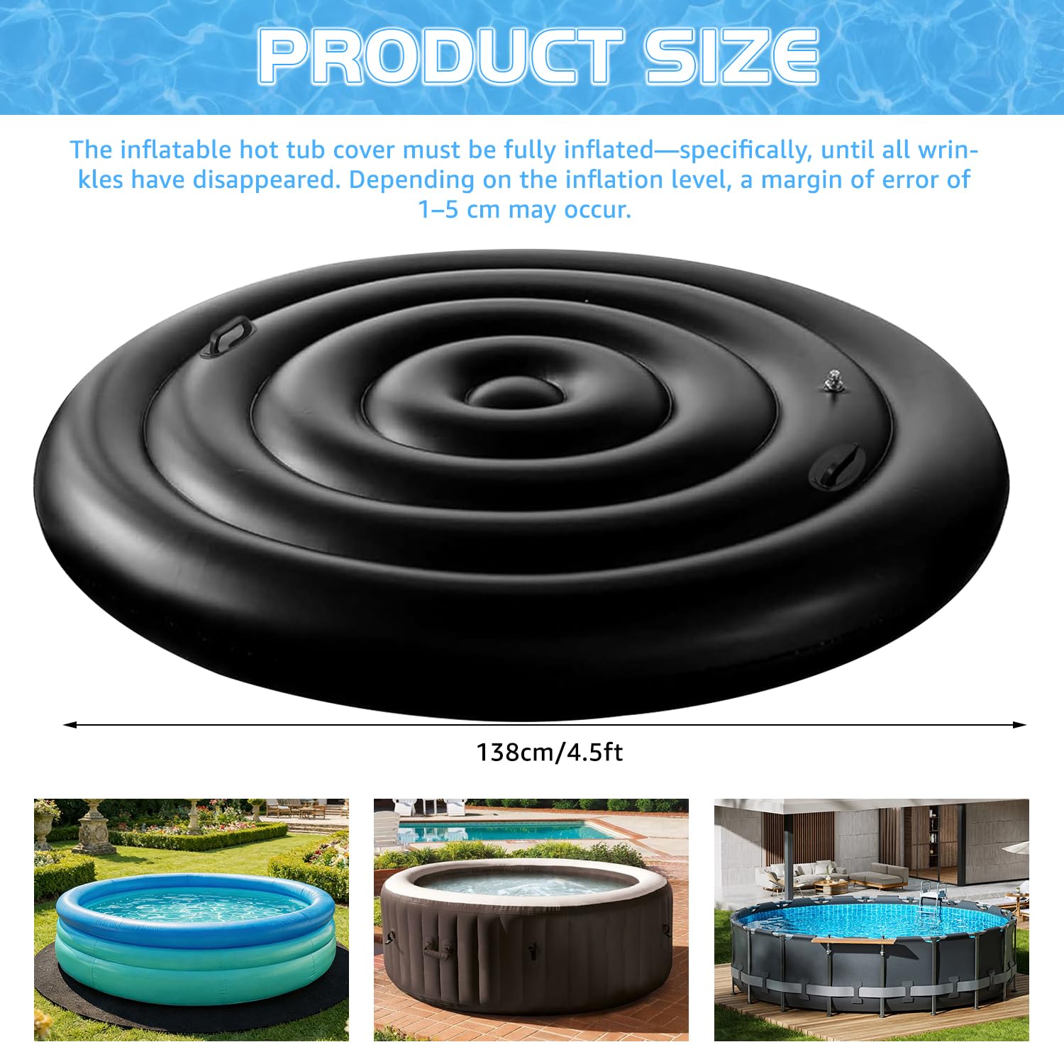 KEAGAN 4.5FT/138CM Inflatable Hot Tub Cover, Energy Saving Lid for Round Hot Tub, Outdoor Inflatable Hot Tub, with Handle, Foldable Protective Rain Overflow Cover for Inflatable Outdoor Hot Tubs — view 2