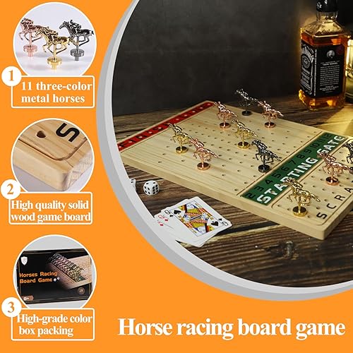 Miniatura 2 de Grhonior Juego de mesa de carreras de caballos con 11 caballos de metal de lujo, tablero de juego de madera engrosada, incluye dados y tarjetas