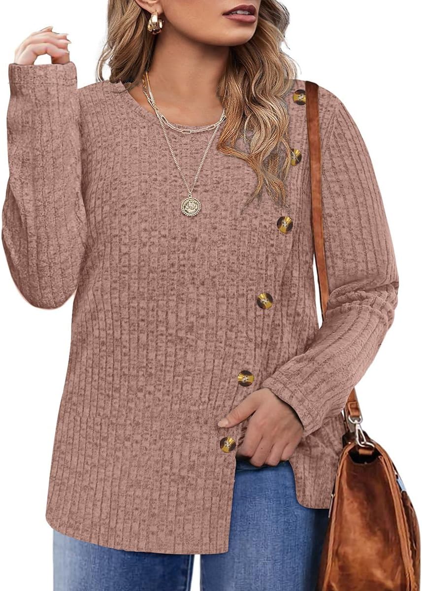 CARCOS Womens Plus Size Tops Long Sleeve Shirts Round/V Neck Tunics Solid Casual Lightweight Pullover Sweaters Fall XL-5XL