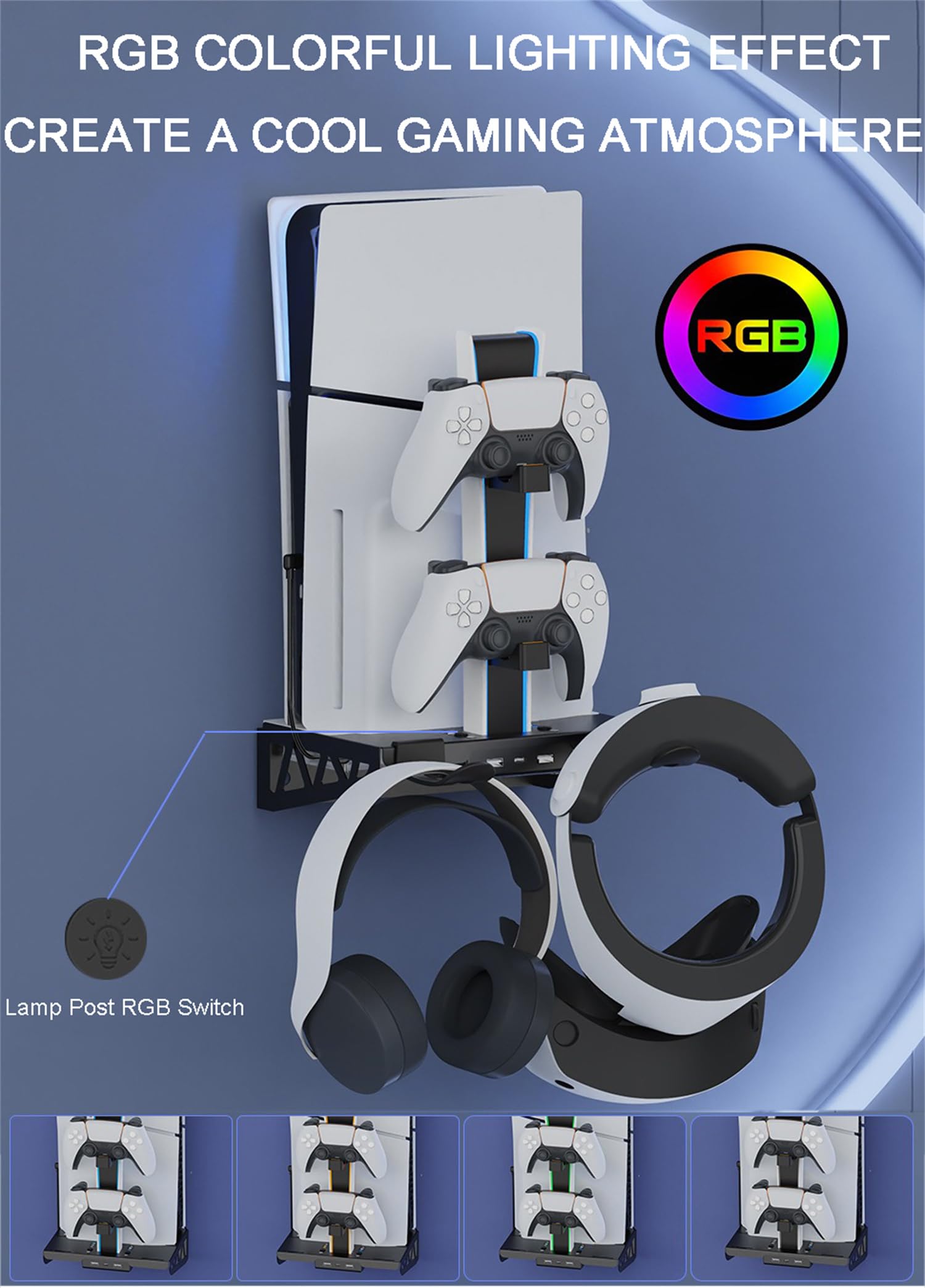 Kit di montaggio a parete per PS5/PS5 Slim con stazione di ricarica e ventole di raffreddamento, accessori per montaggio a mensola PS5/PS5 SL (disco e digitale), supporto da parete in acciaio con
